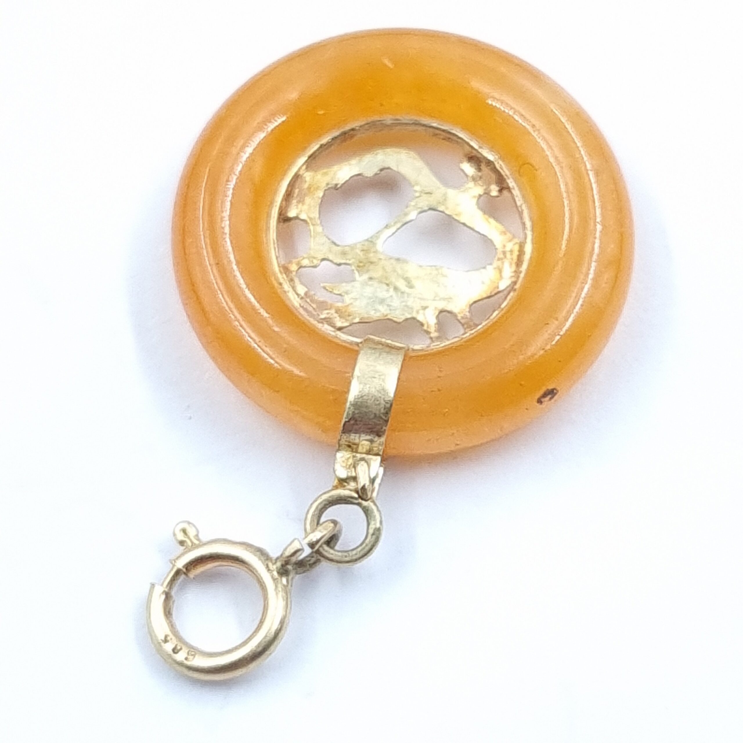 Orange Jade Pendant 14k Gold Mount & Dragon, Donut Ring Shape - Image 2