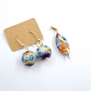 Italian Millefiori Glass Pendant & Wedding Cake Bead Earrings Sterling Silver