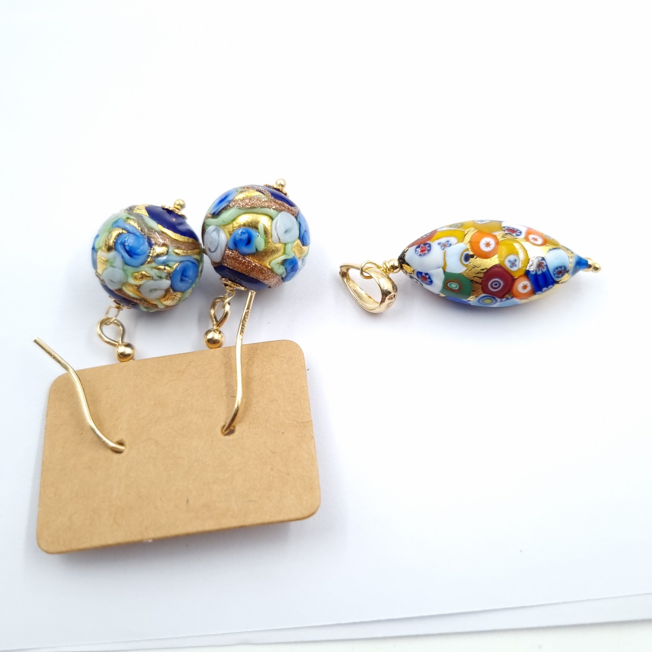 Italian Millefiori Glass Pendant & Wedding Cake Bead Earrings Sterling Silver Gilt - Image 2