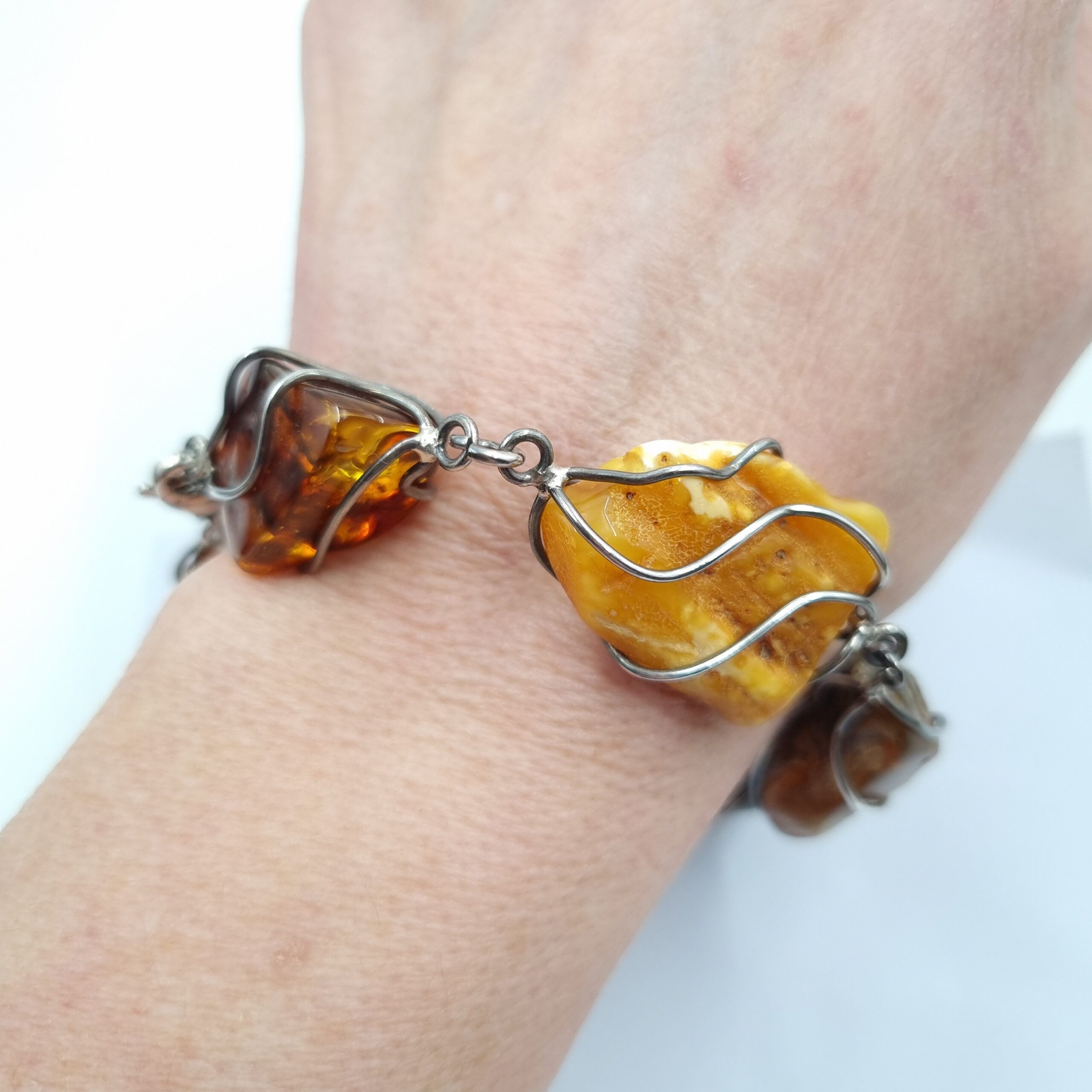 Raw Amber Bracelet Silver Wire Wrap Butterscotch & Cognac, & Earrings - Image 6