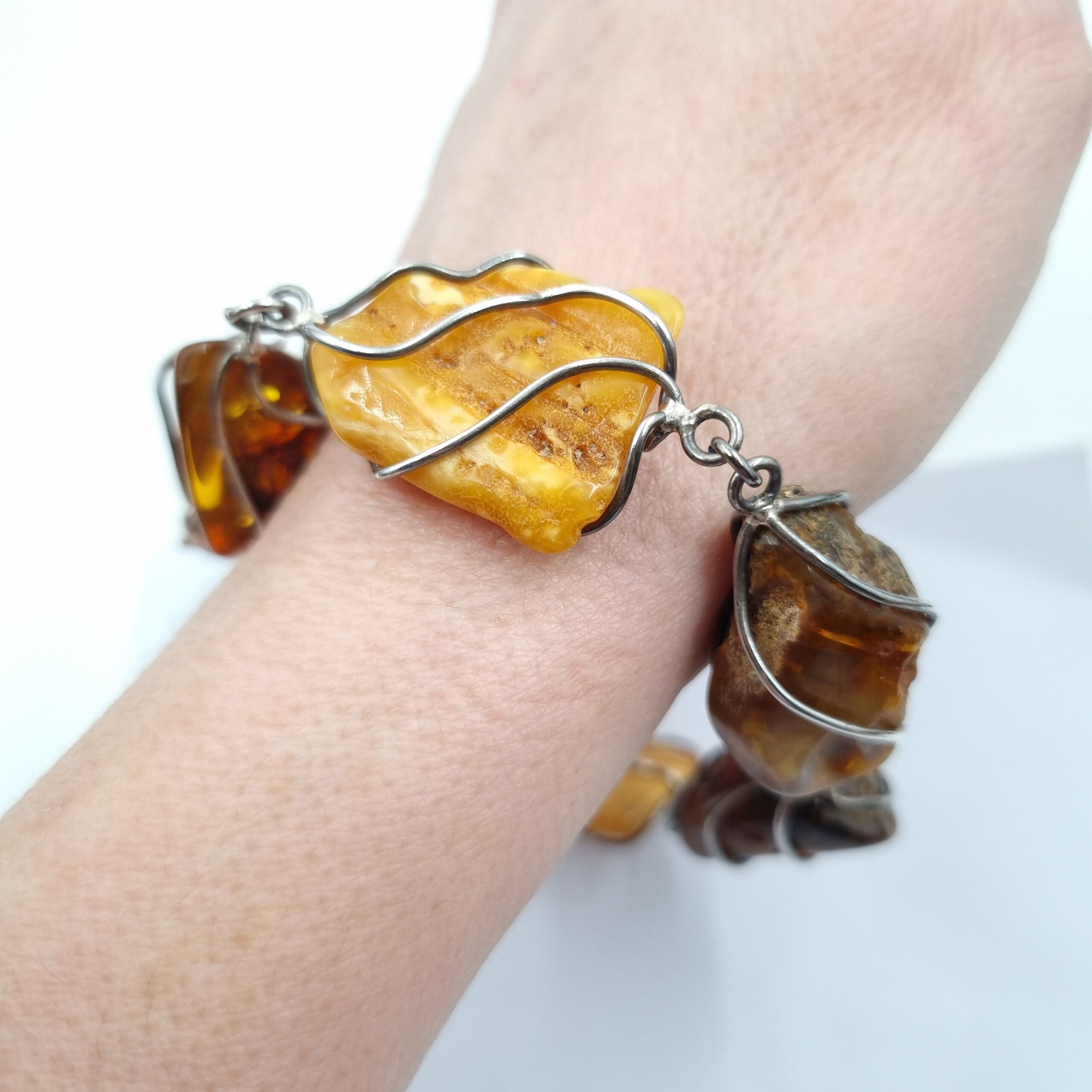Raw Amber Bracelet Silver Wire Wrap Butterscotch & Cognac, & Earrings - Image 4
