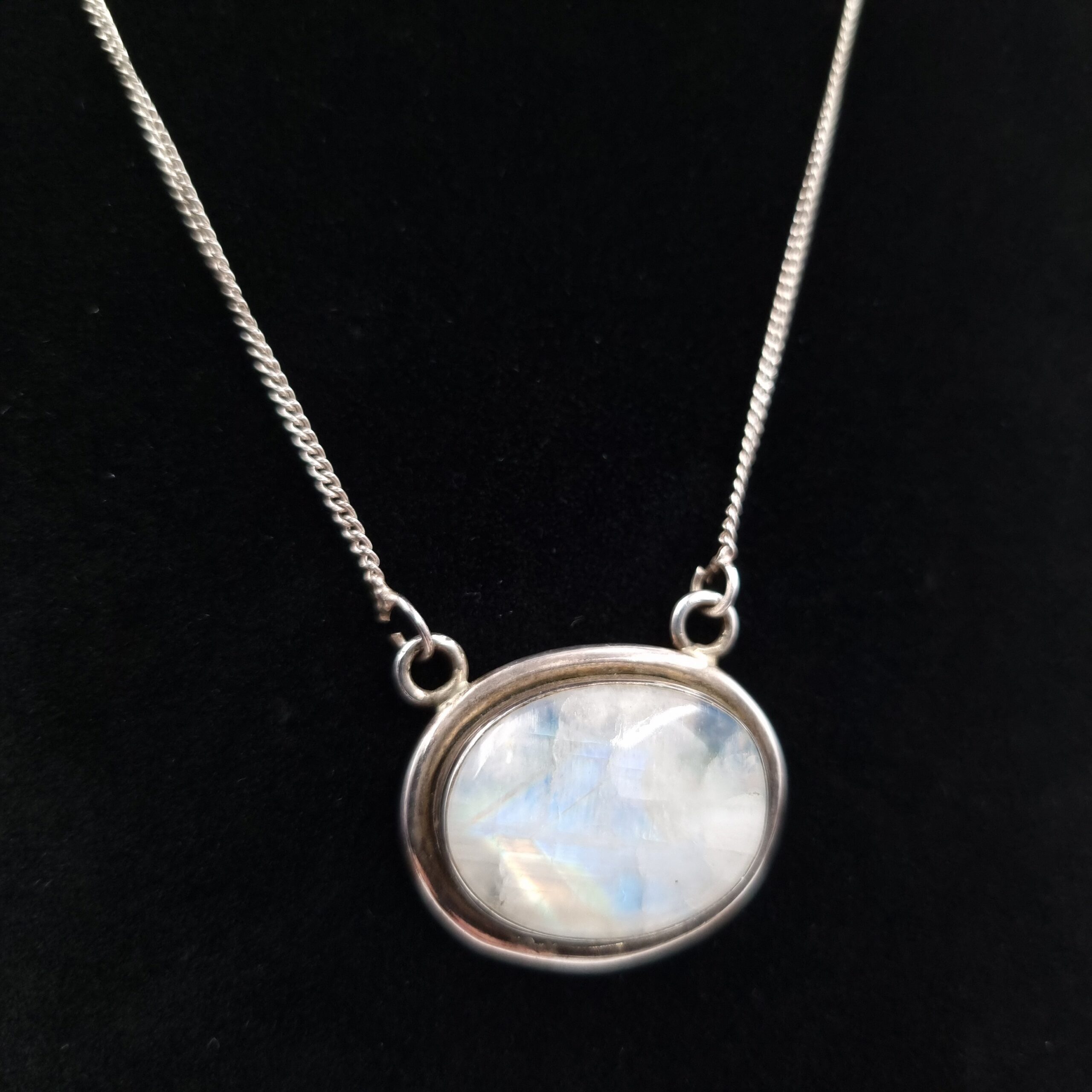 Moonstone Pendant Sterling Silver Large Blue Flash Cabochon