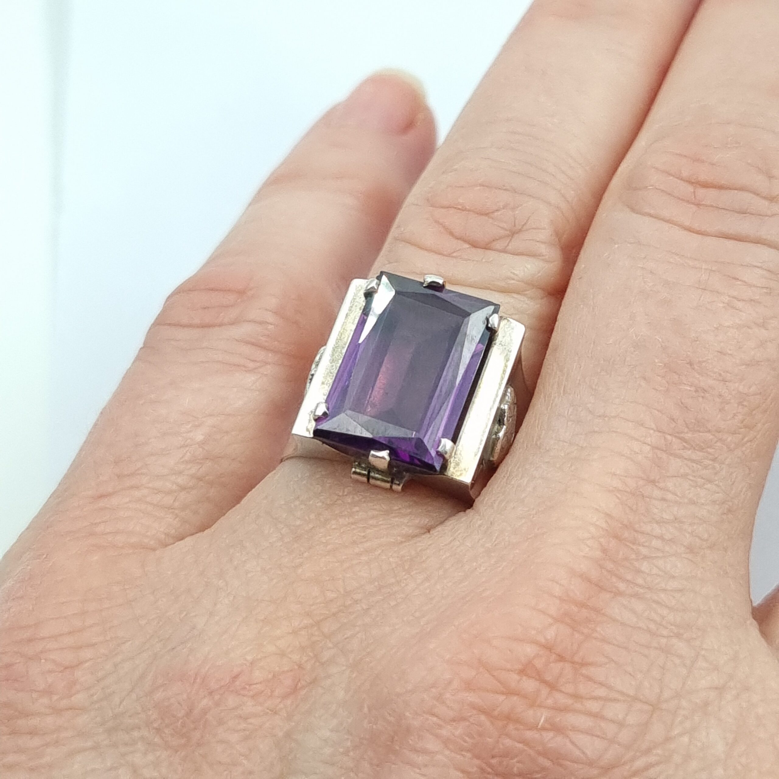 South American Silver Ring with Purple Stone & Wide Band Size P (7.5) - Image 3