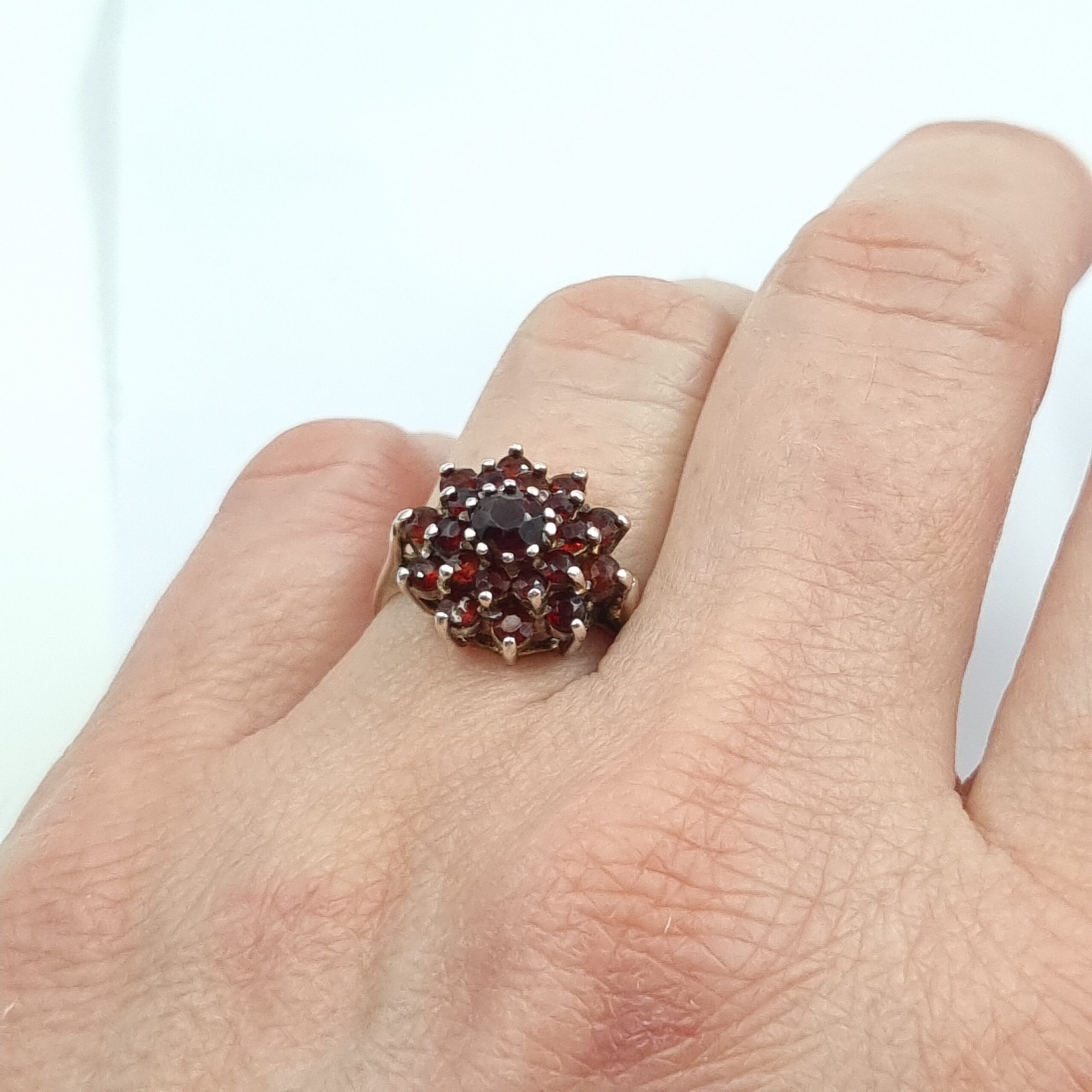 Vintage Silver Flower Ring Large with Red Stones Size N (6.75) - Image 2