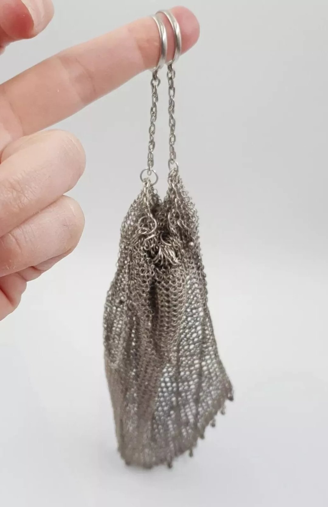 Antique Silver Drawstring Evening Bag Purse Bag Chainmail Mesh with Finger Loops - Image 4
