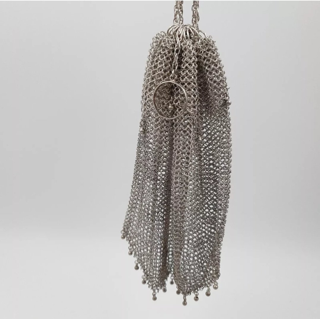 Antique Silver Drawstring Evening Bag Purse Bag Chainmail Mesh with Finger Loops - Image 3