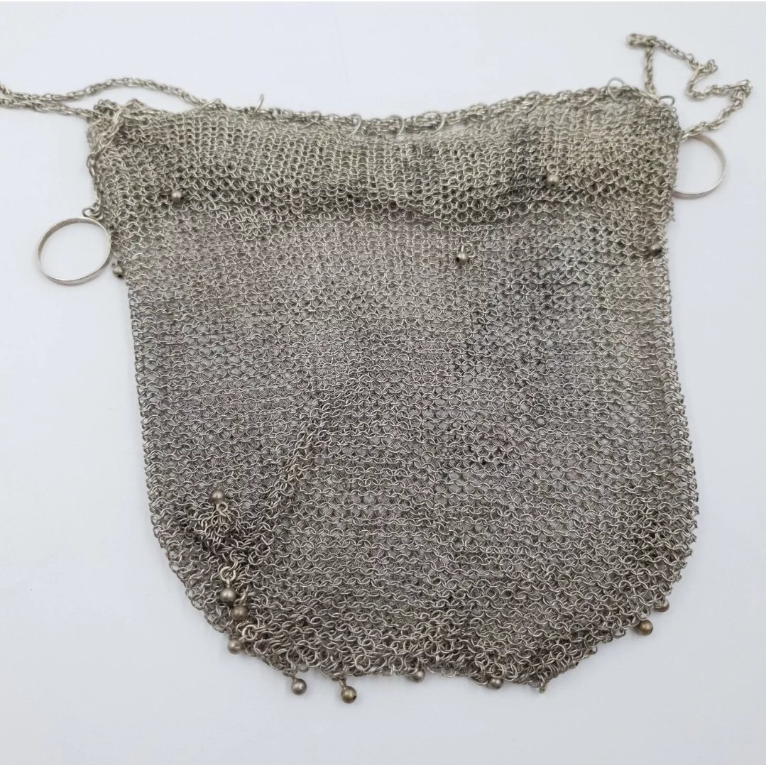 Antique Silver Drawstring Evening Bag Purse Bag Chainmail Mesh with Finger Loops - Image 7