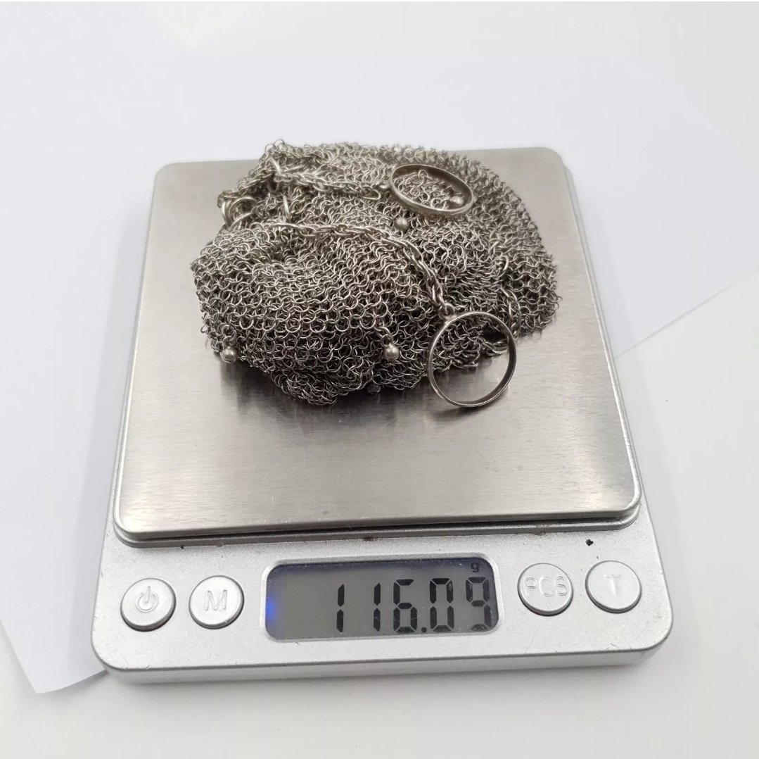 Antique Silver Drawstring Evening Bag Purse Bag Chainmail Mesh with Finger Loops - Image 6