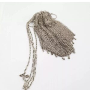 Antique Silver Drawstring Evening Bag Purse Bag Chainmail Mesh