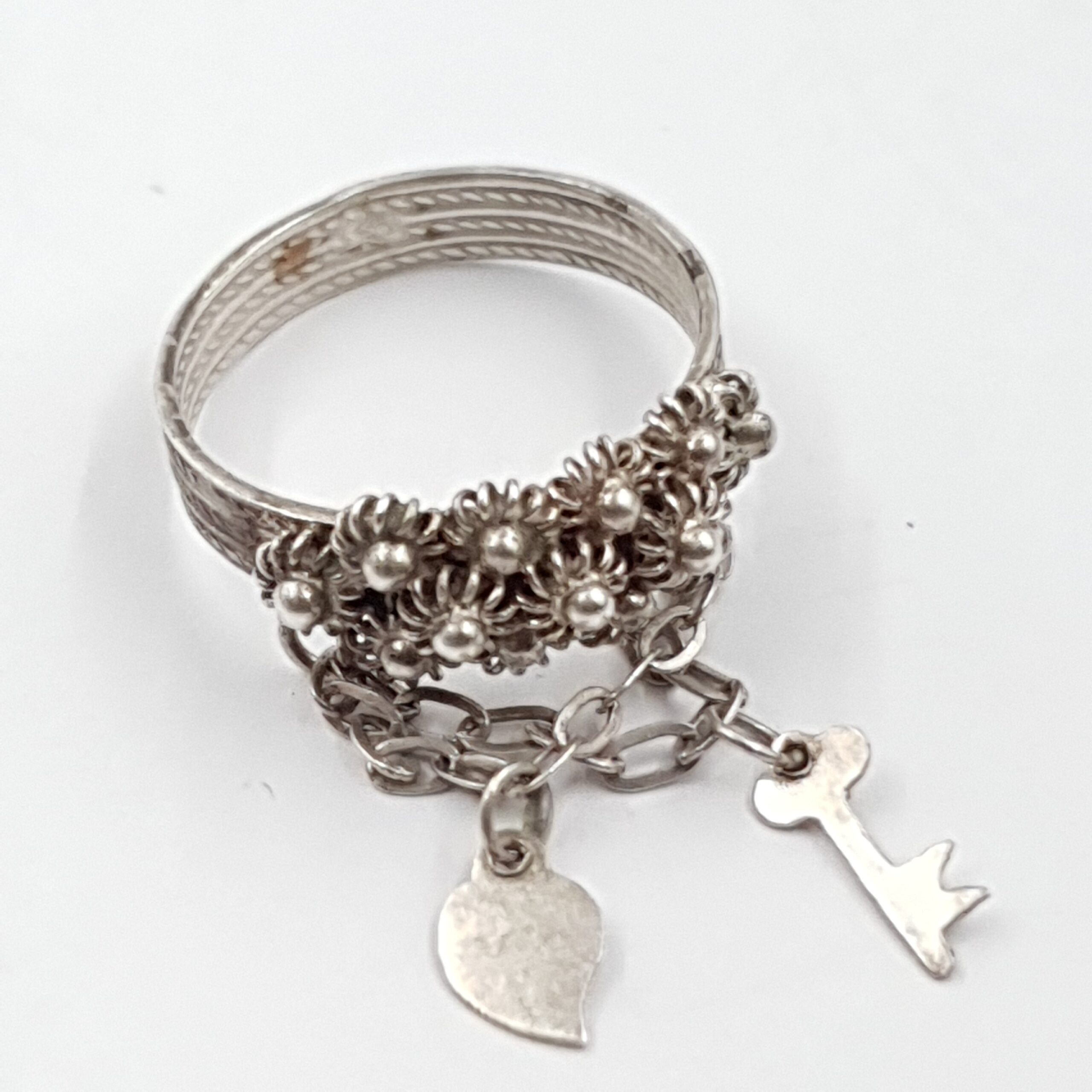 Antique Silver Cannetille Ring Key to My Heart Early 19th Century - Image 3