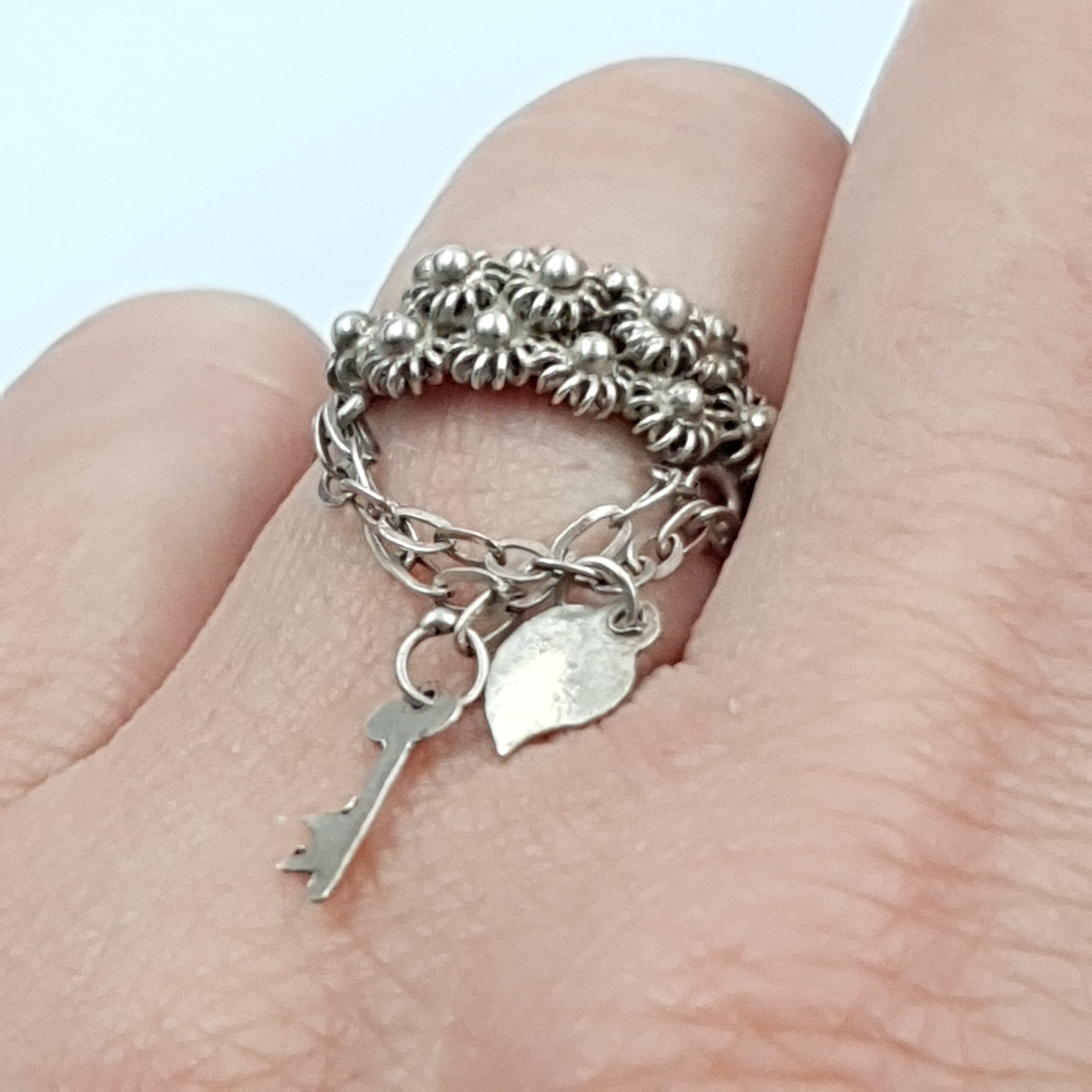 Antique Silver Cannetille Ring Key to My Heart Early 19th Century - Image 2