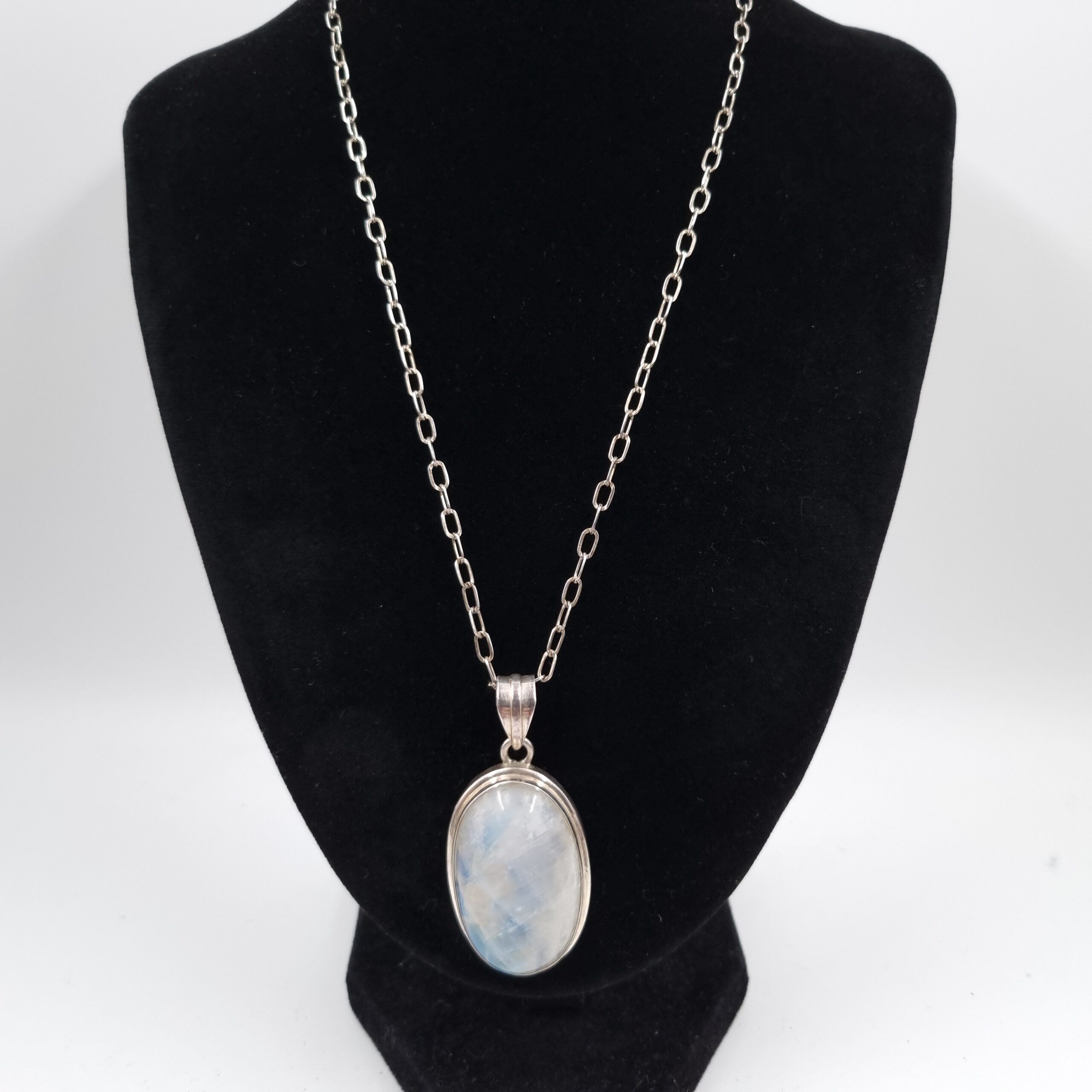 Large Moonstone Pendant Blue Flash Sterling Silver Necklace - Image 3