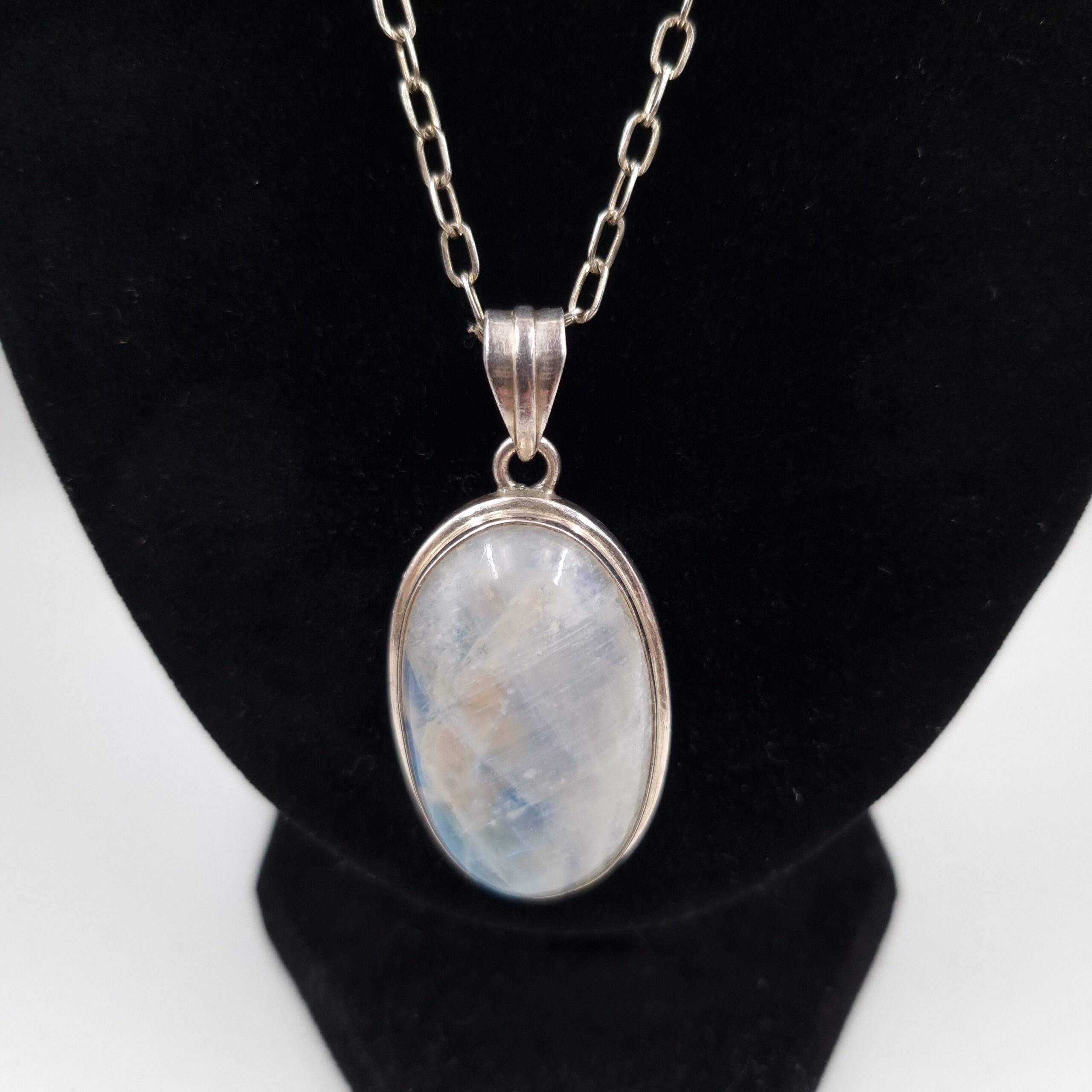 Large Moonstone Pendant Blue Flash Sterling Silver Necklace - Image 2