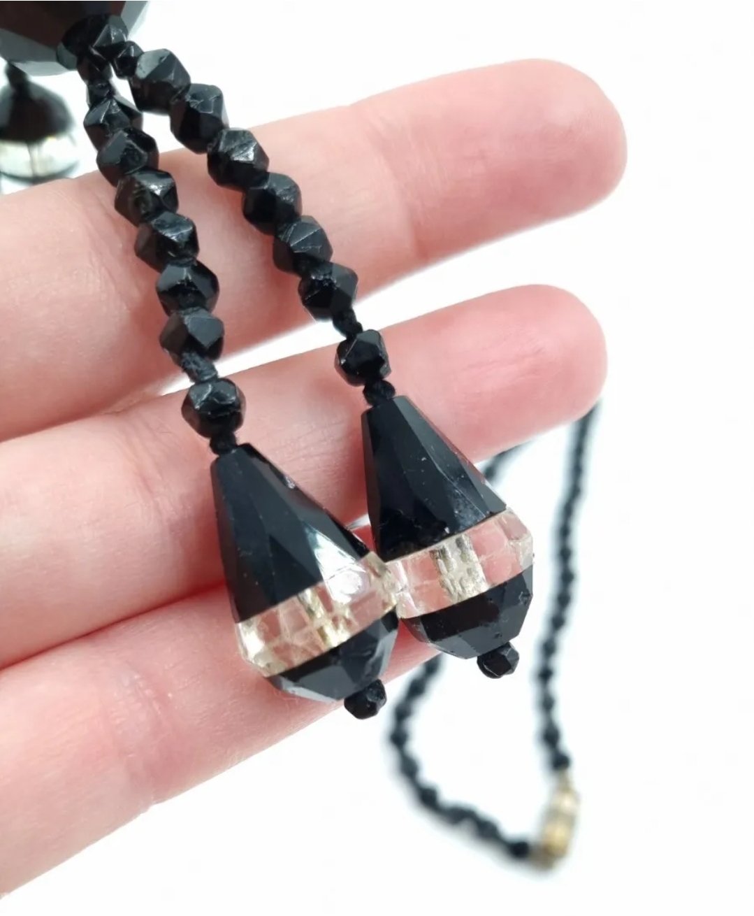 Antique Victorian Sautoir Necklace Black Glass