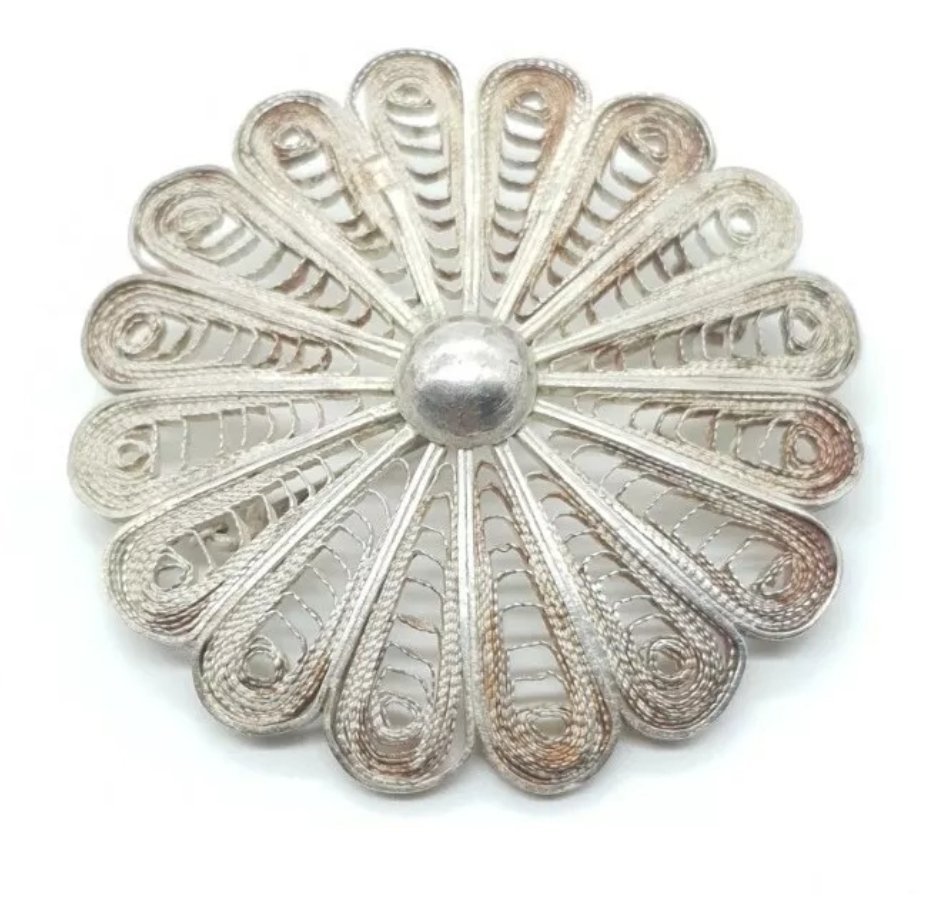 Large Silver Filigree Flower Brooch
