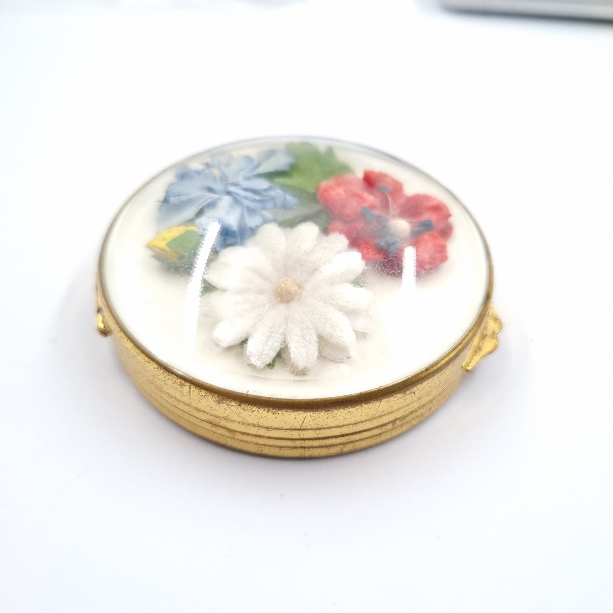 Miref Powder Compact Flowers Glass France Goose Down Puff c1940s - Image 6