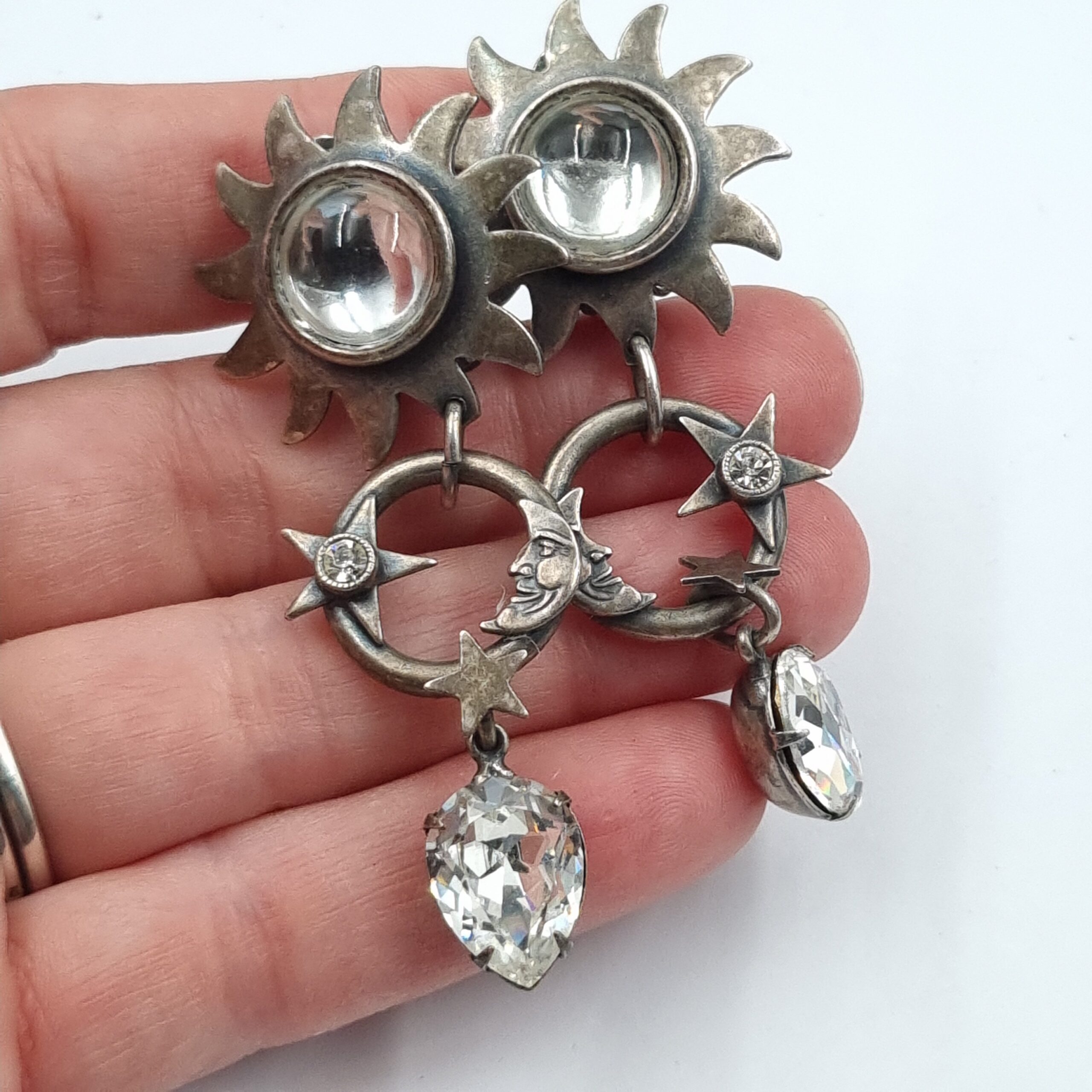 Askew Sun Moon Stars Earrings Vintage Clip-On c 1980s - Image 2