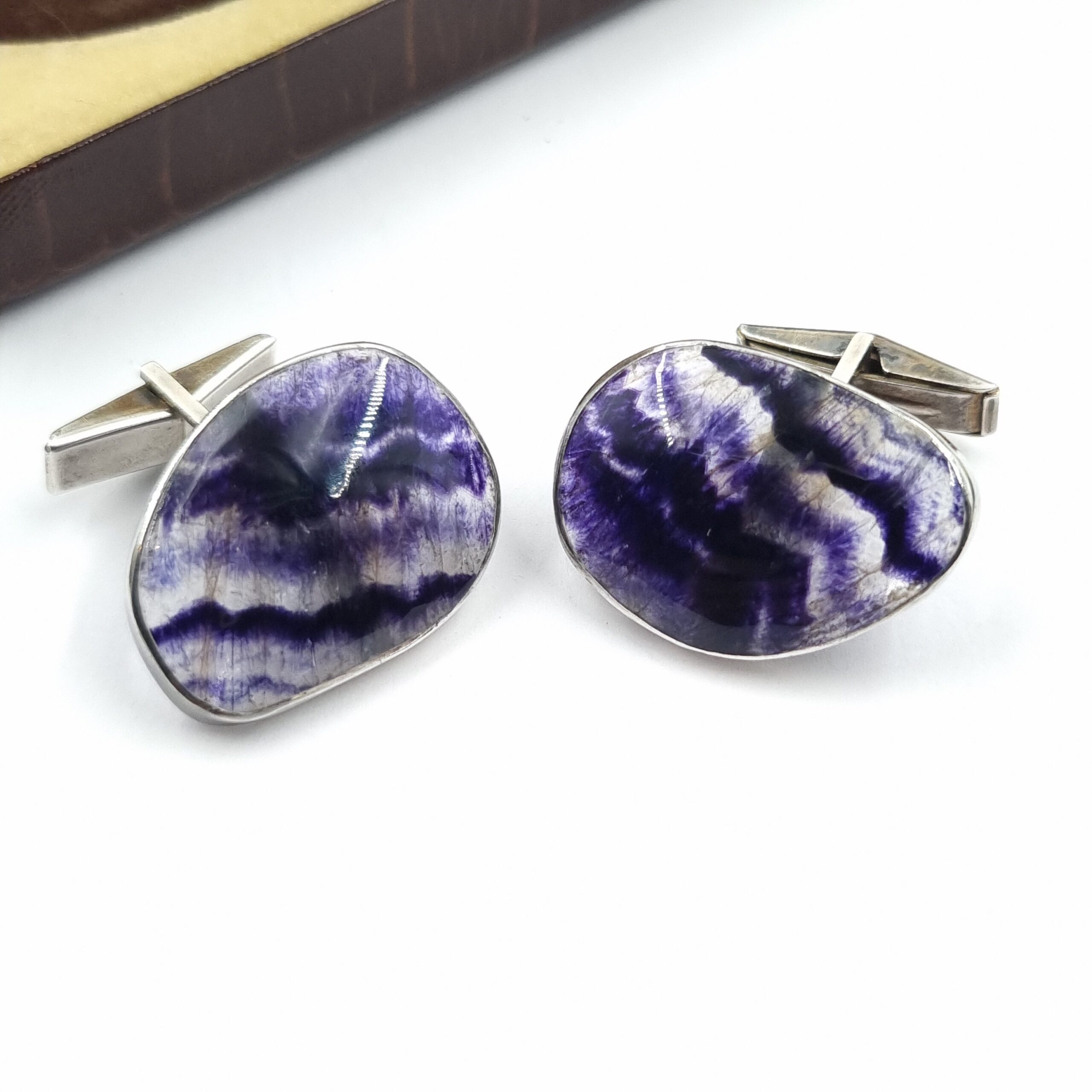 Vintage Blue John Cufflinks Large Stones in Sterling Silver Boxed - Image 5