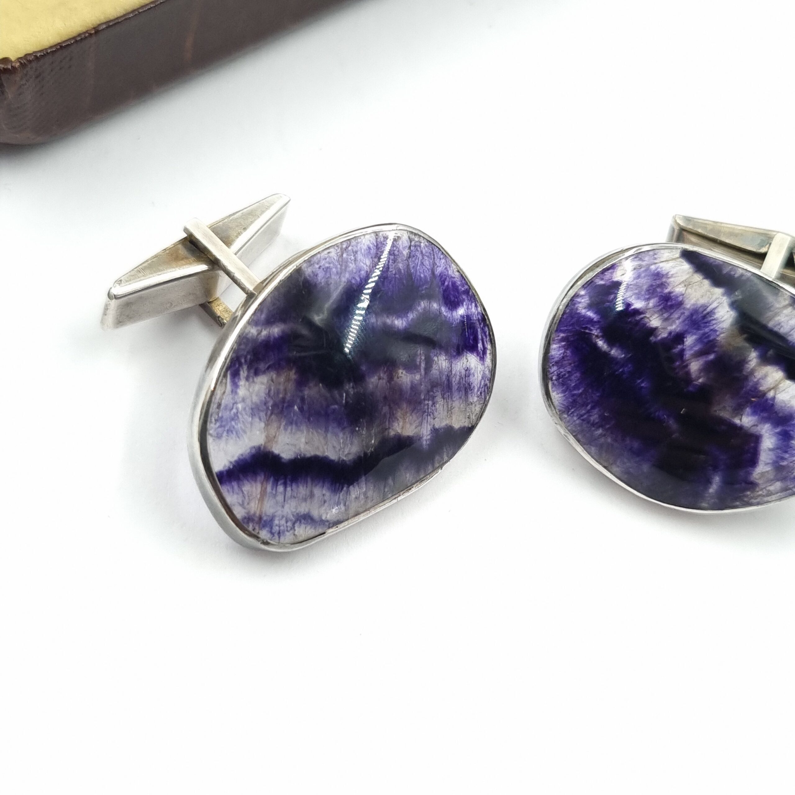 Vintage Blue John Cufflinks Large Stones in Sterling Silver Boxed - Image 4