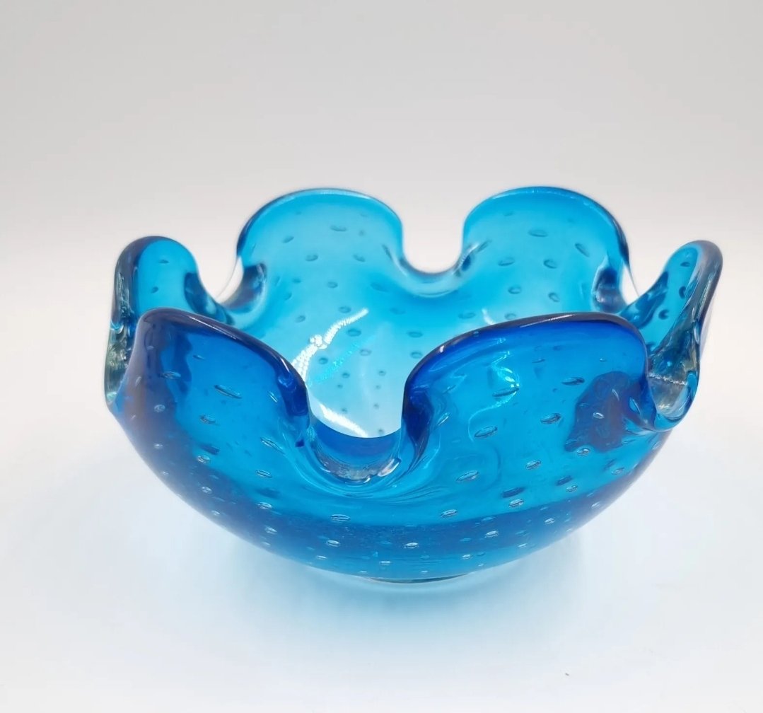 Vintage Blue Glass Bowl Controlled Bubbles