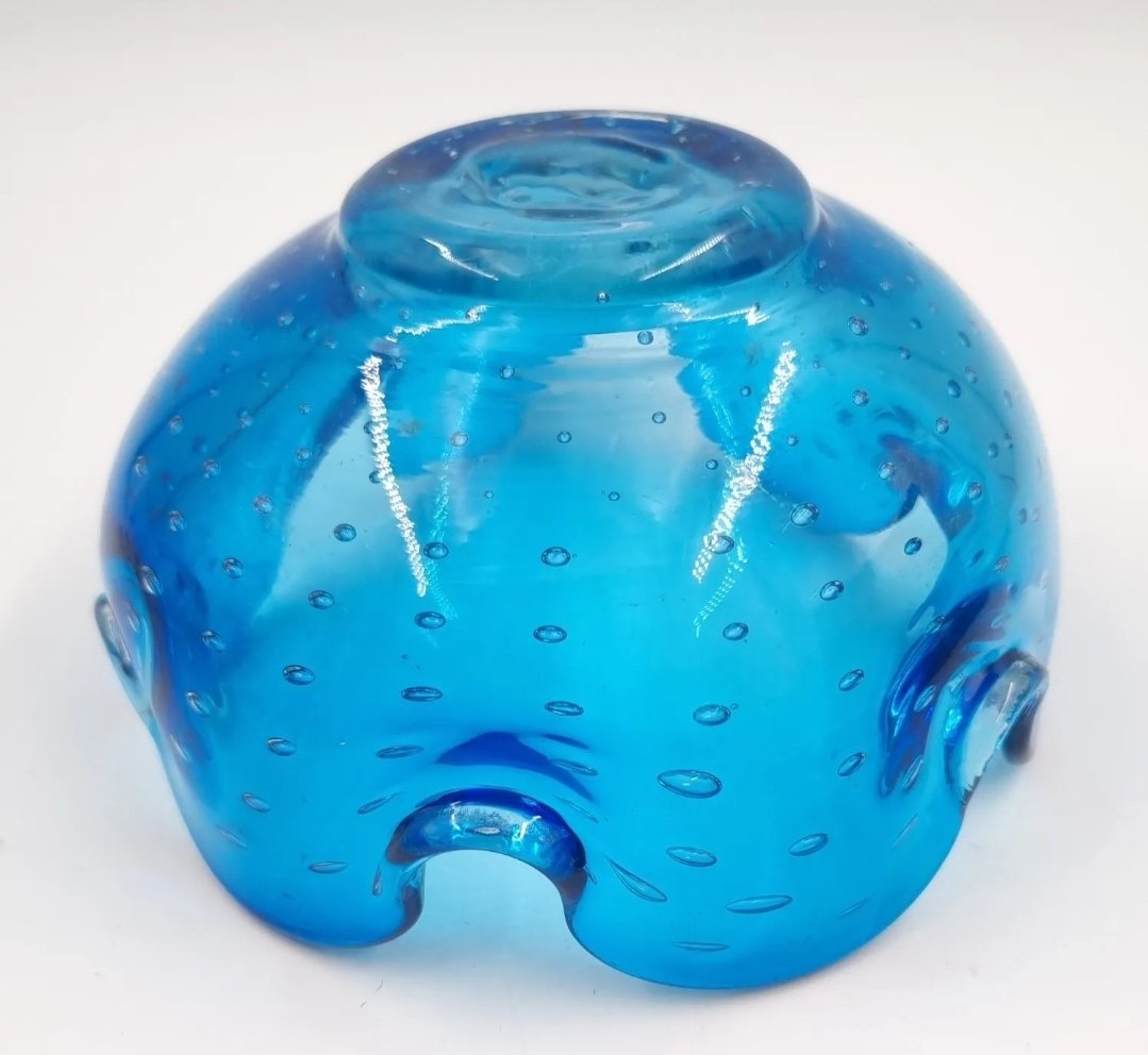 Vintage Blue Glass Bowl Controlled Bubbles Fluted Edge - Image 2
