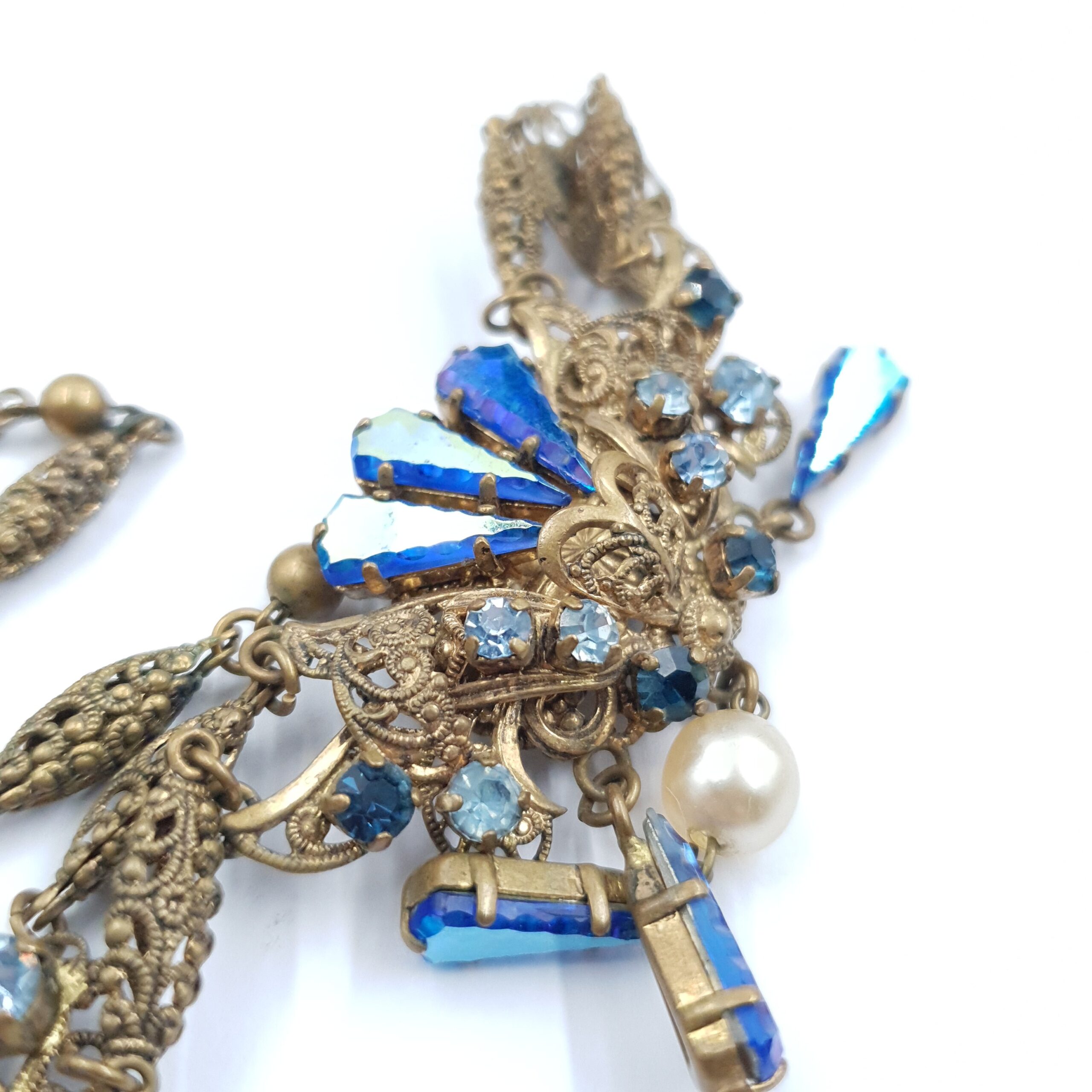 Bohemian Glass Festoon Necklace Blue Crystals Art Nouveau Filigree - Image 4