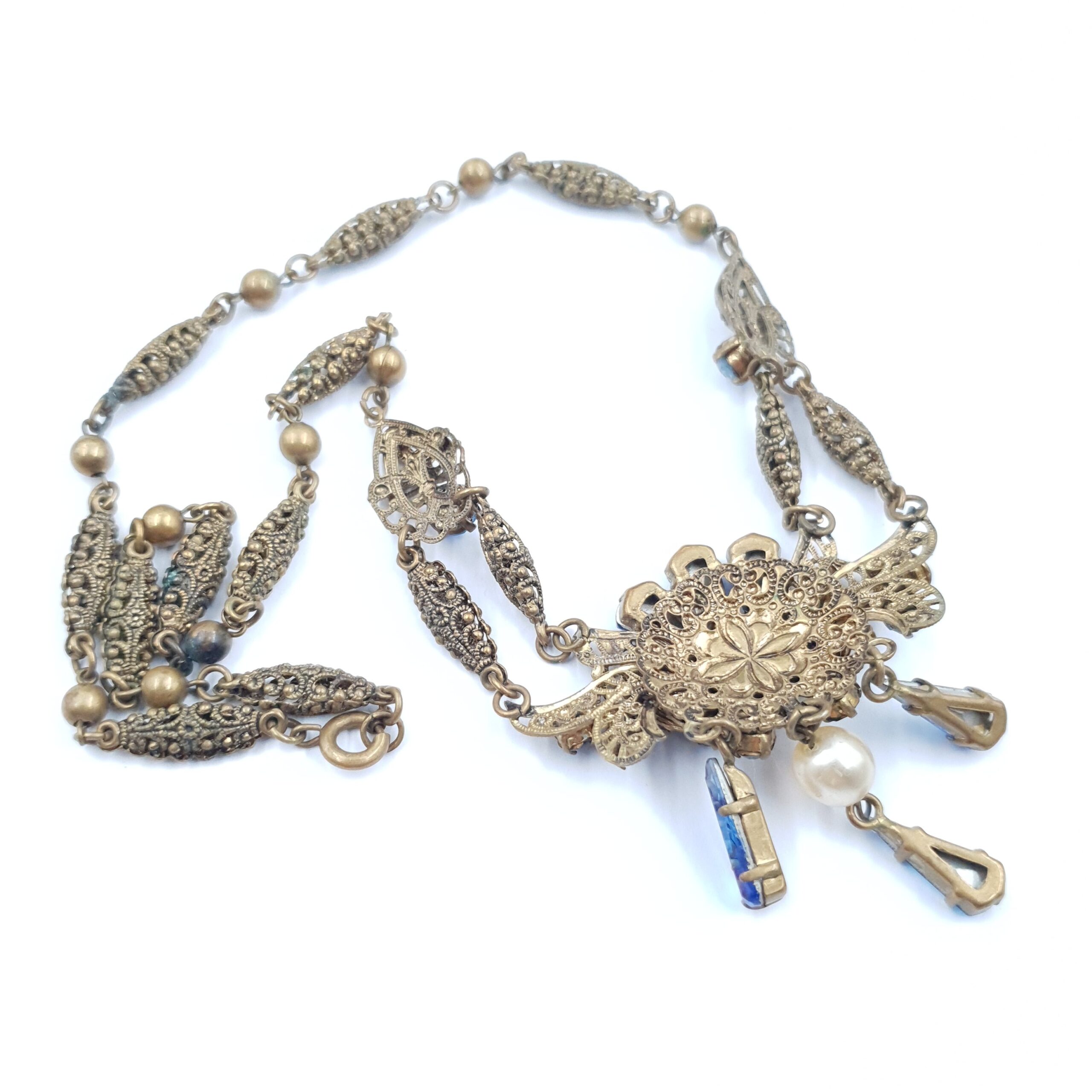 Bohemian Glass Festoon Necklace Blue Crystals Art Nouveau Filigree