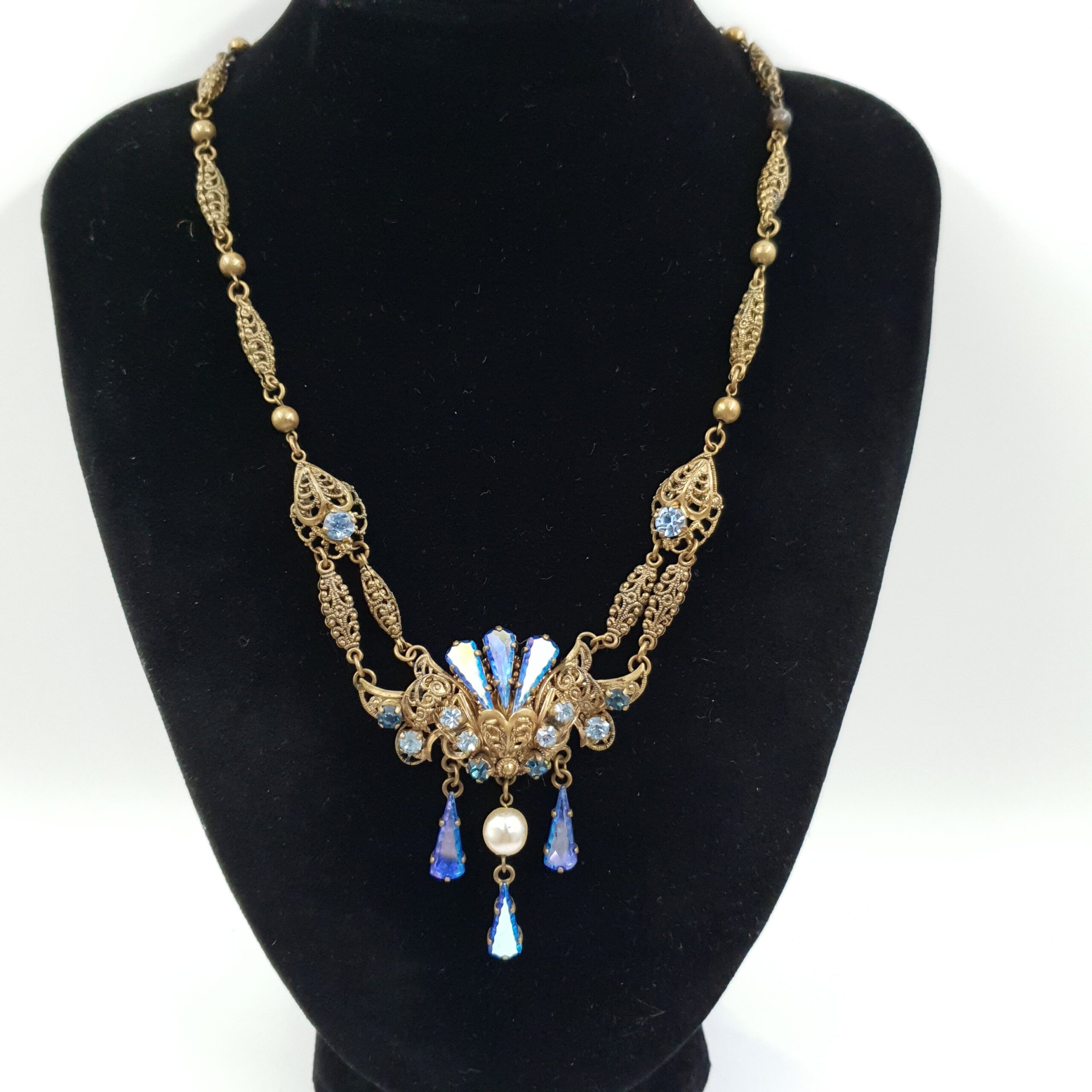 Bohemian Glass Festoon Necklace Blue Crystals Art Nouveau Filigree