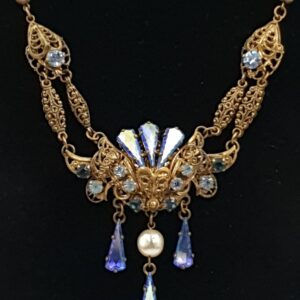 Bohemian Glass Festoon Necklace Blue Crystals Art Nouveau Filigree