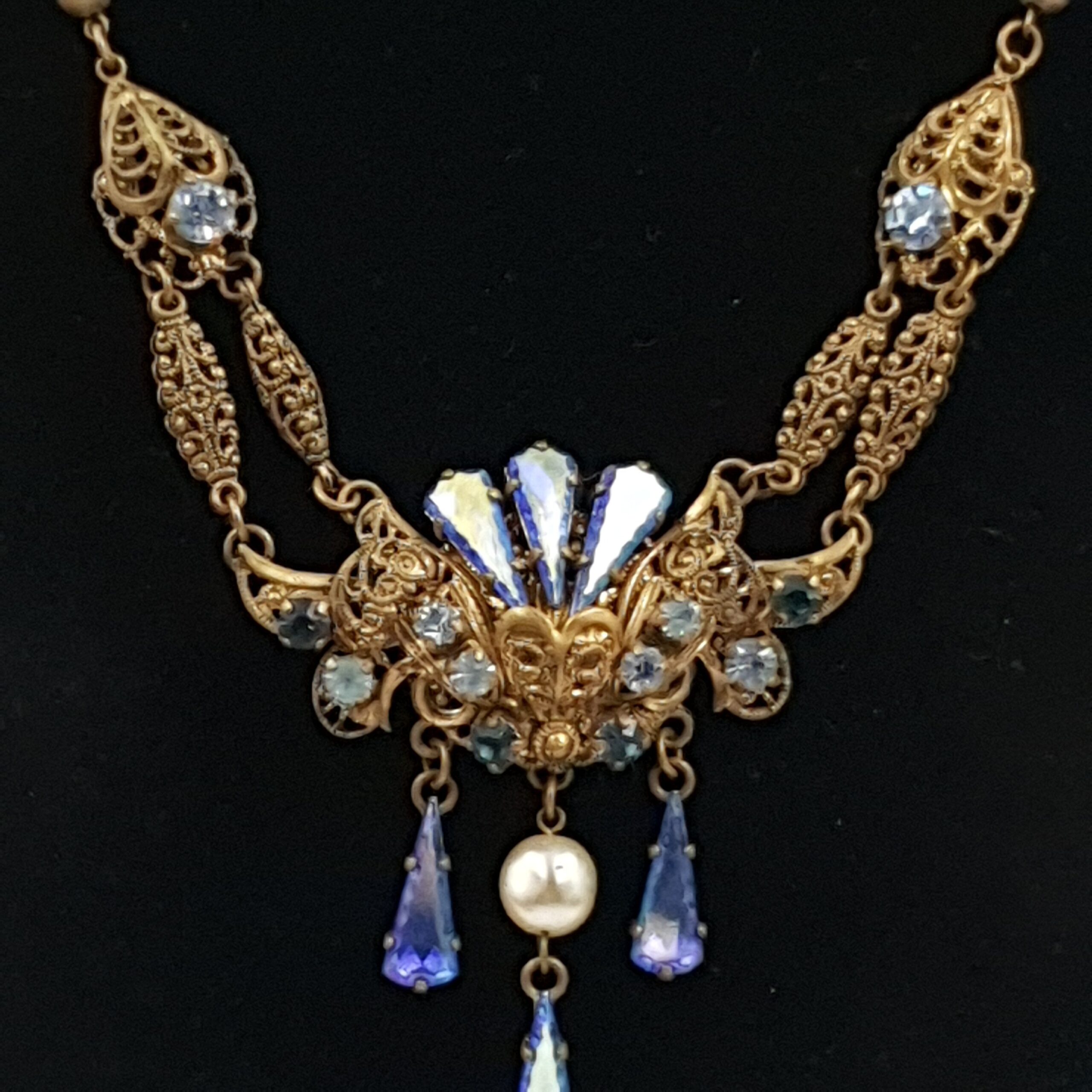 Bohemian Glass Festoon Necklace Blue Crystals Art Nouveau Filigree