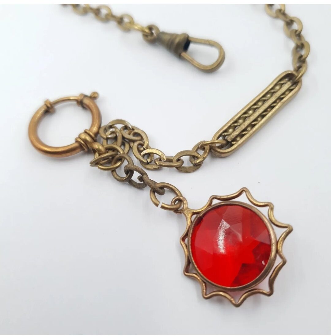Edwardian Leontine Watch Chain With Red Glass Fob - Image 3