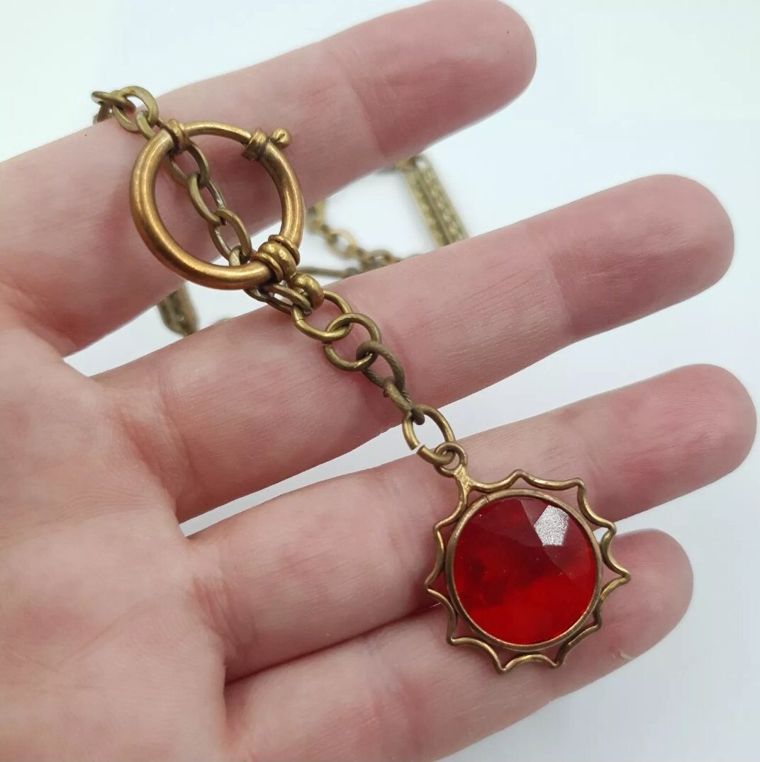 Edwardian Leontine Watch Chain With Red Glass Fob - Image 5