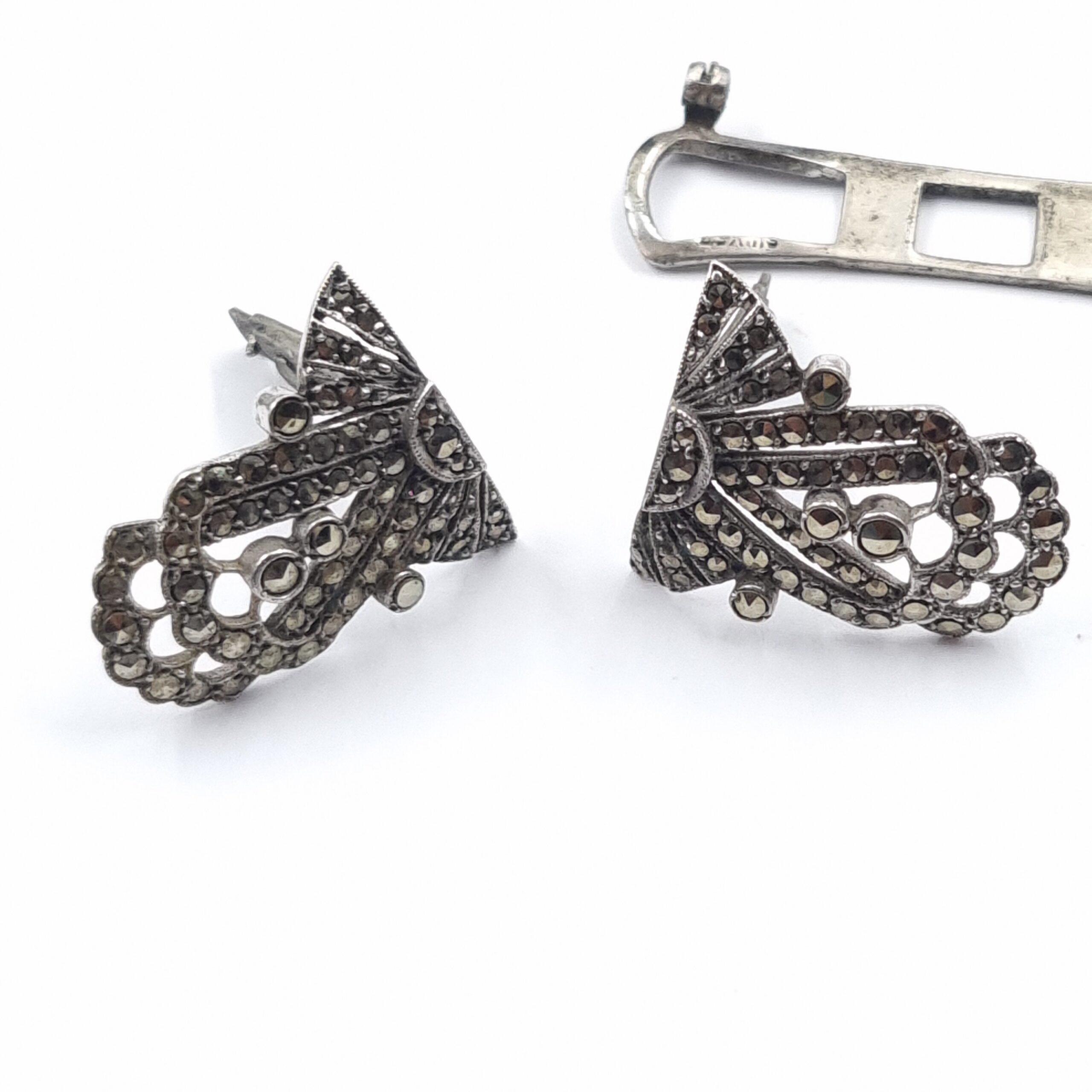 Art Deco Sterling Silver Marcasite Duette Dress Clip Brooch c1920s Antique - Image 2