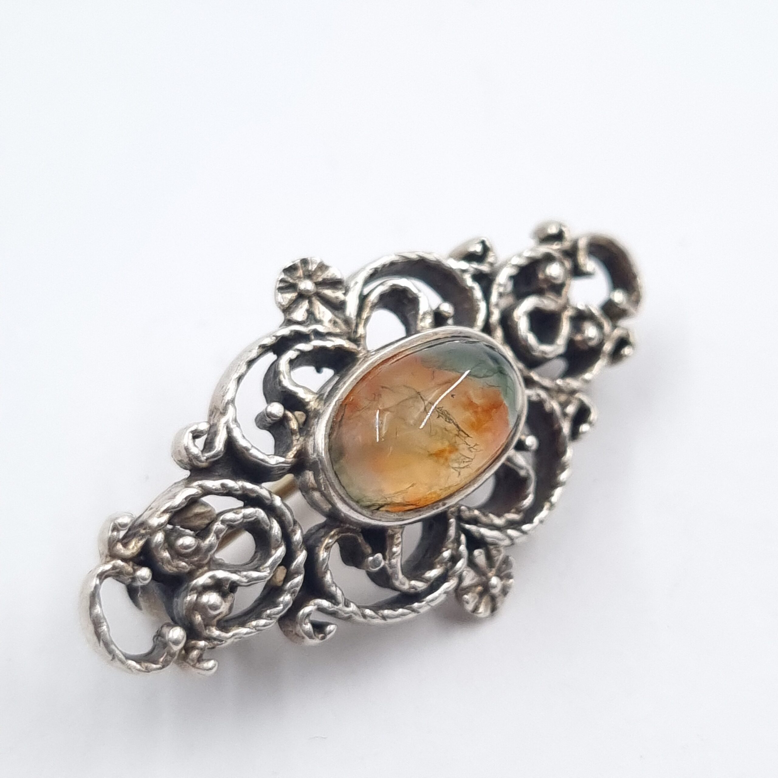 Silver Moss Agate Brooch Ornate Vintage Pin - Image 3