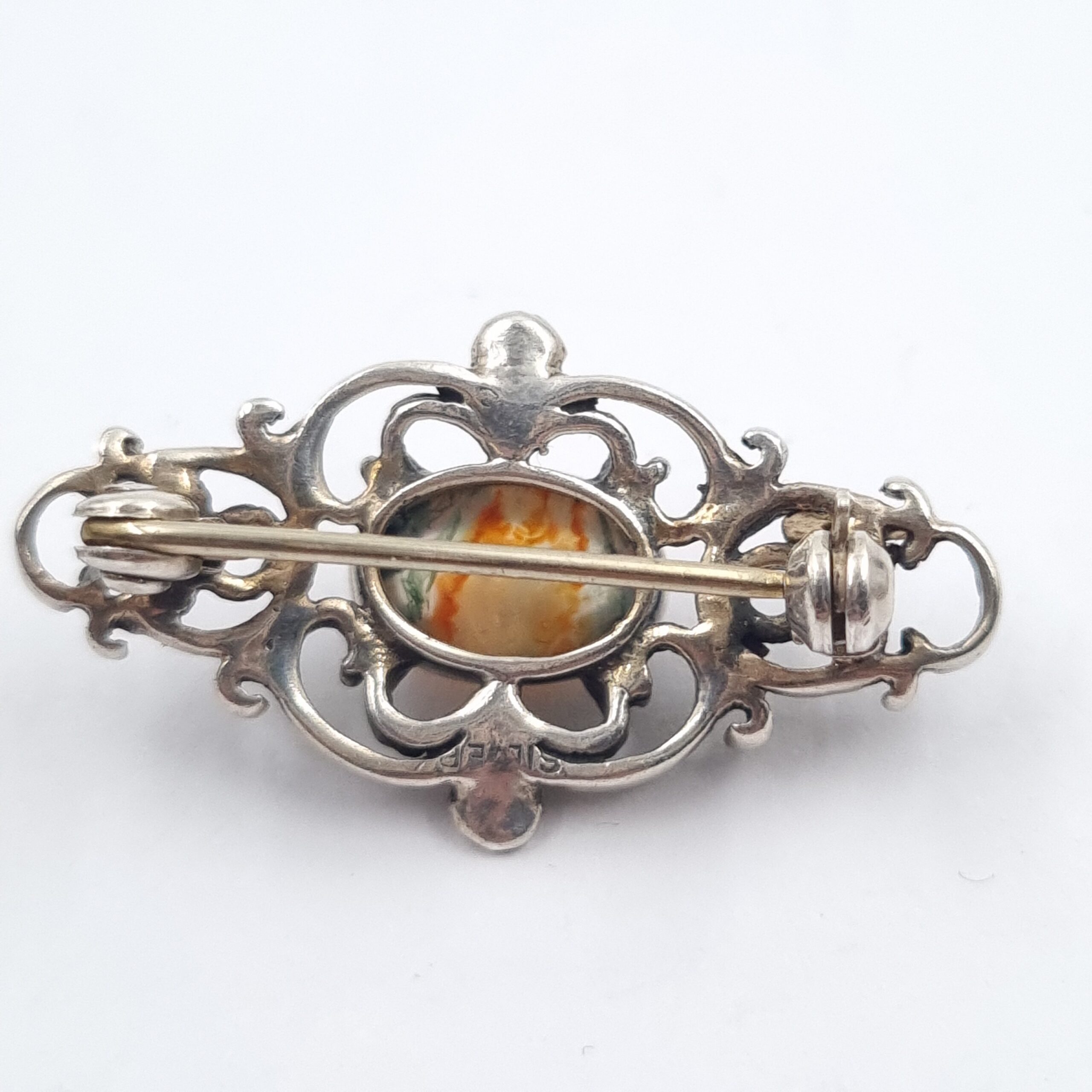 Silver Moss Agate Brooch Ornate Vintage Pin - Image 2