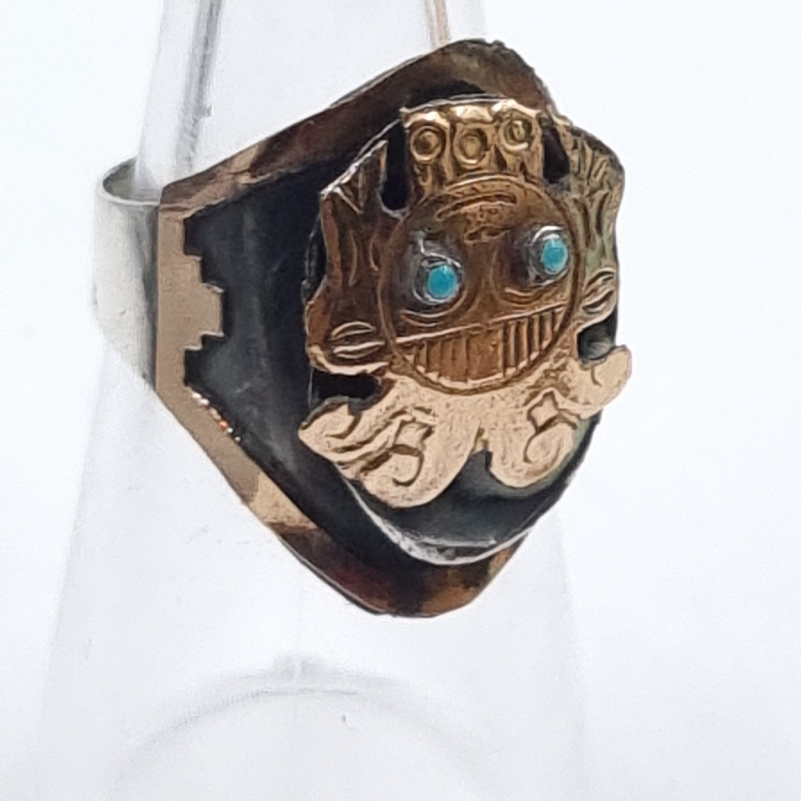 Gold & Silver Inca God Ring Peru c 1960s Adjustable Industria Peruana - Image 7