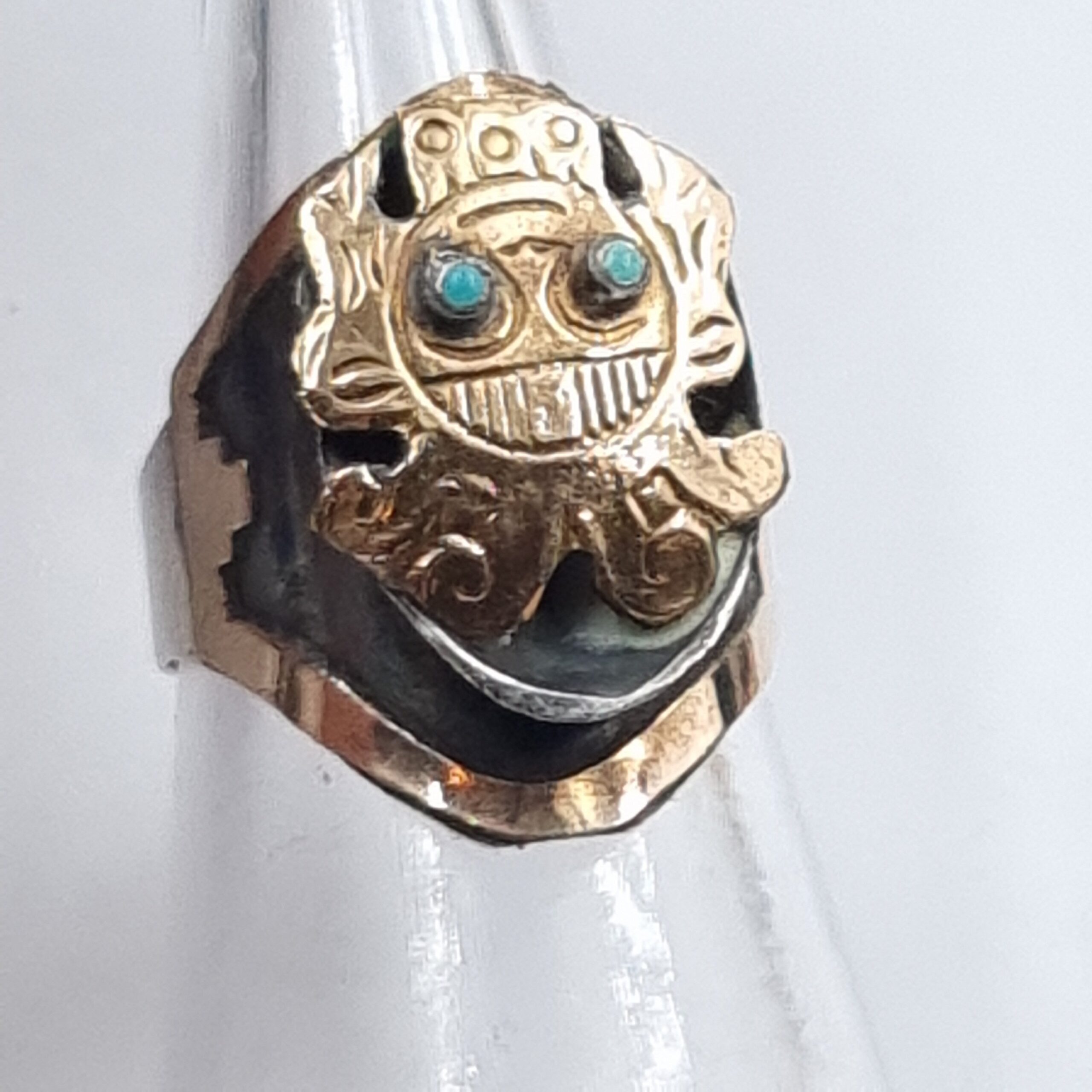 Gold & Silver Inca God Ring Peru c 1960s Adjustable Industria Peruana - Image 8
