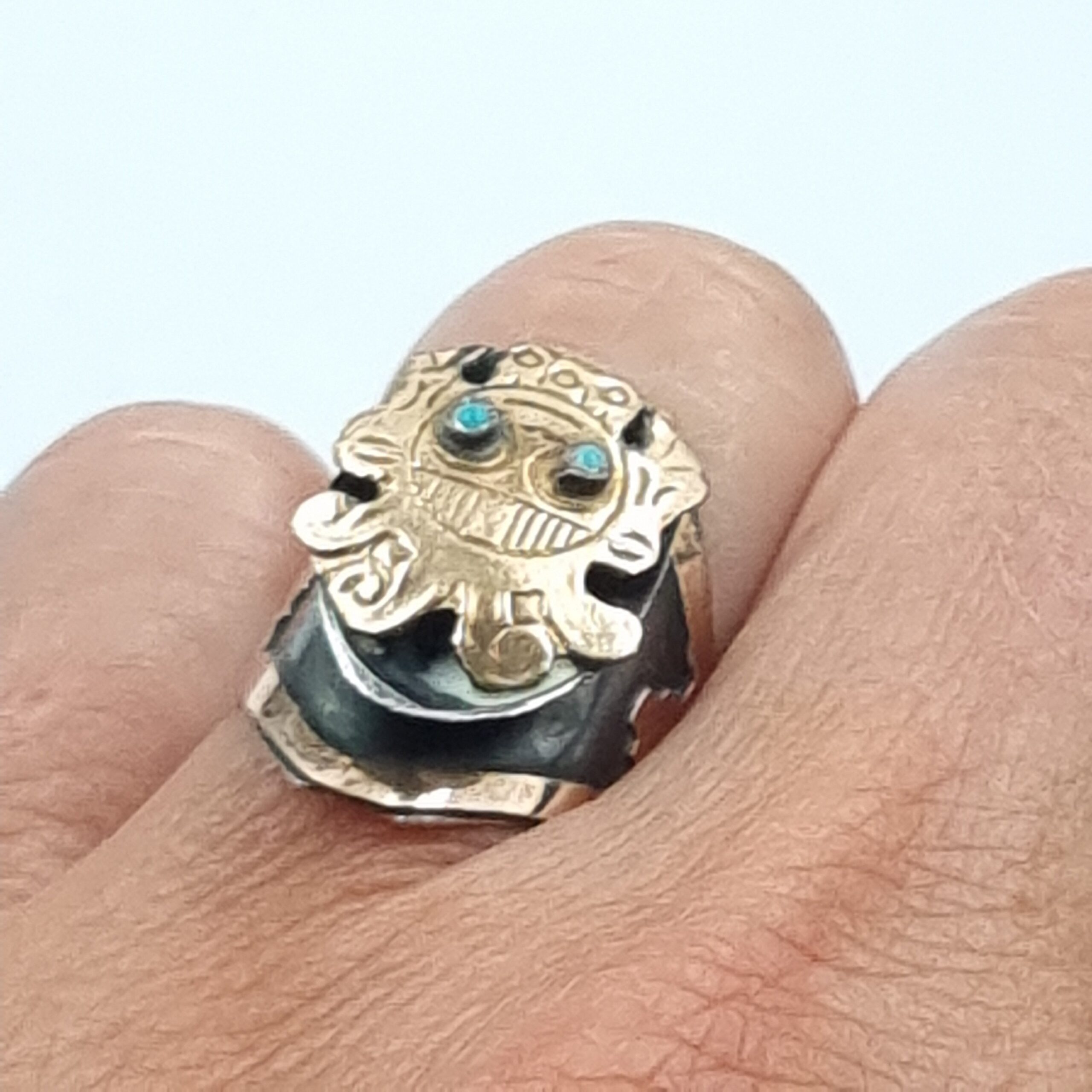 Gold & Silver Inca God Ring Peru c 1960s Adjustable Industria Peruana - Image 6