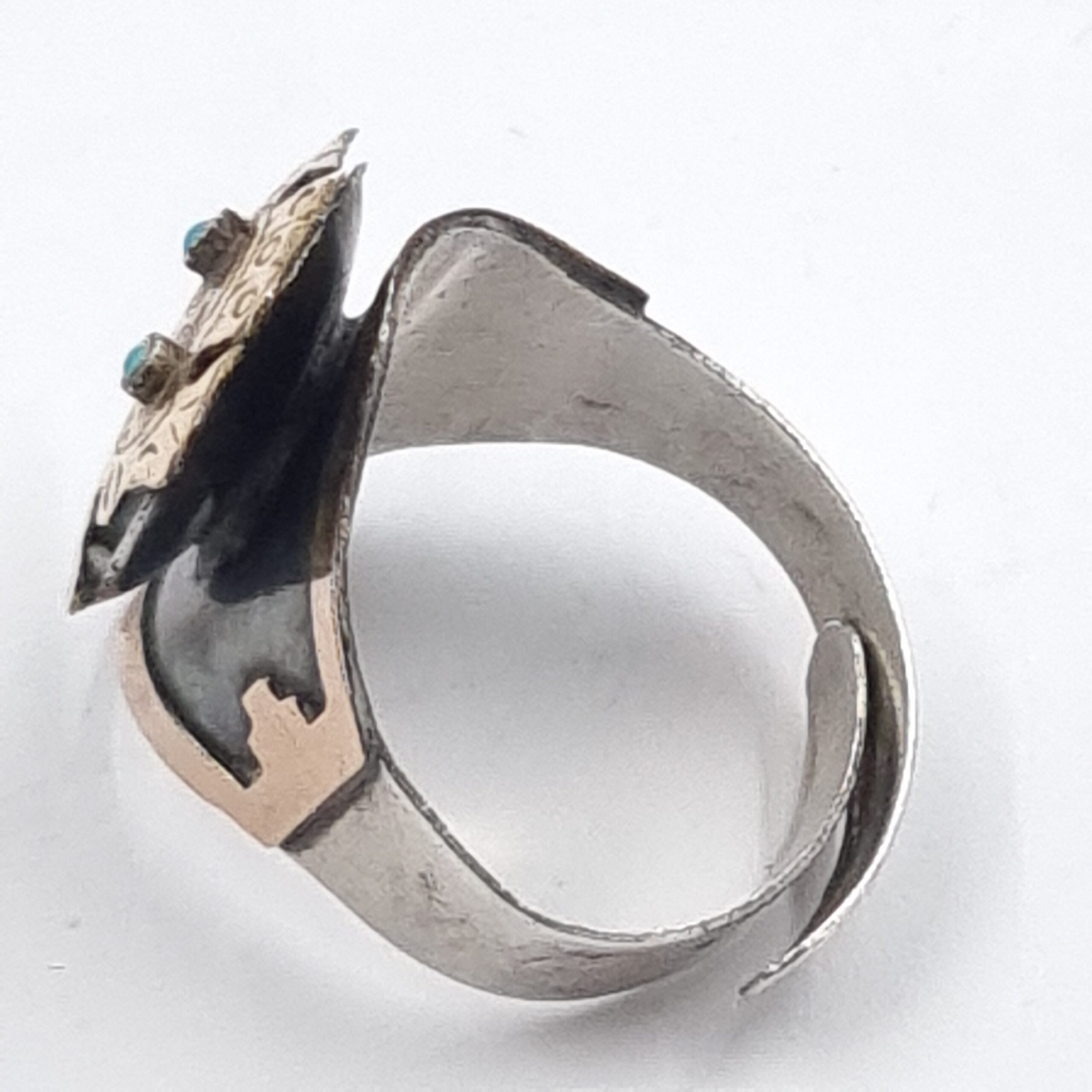 Gold & Silver Inca God Ring Peru c 1960s Adjustable Industria Peruana - Image 3