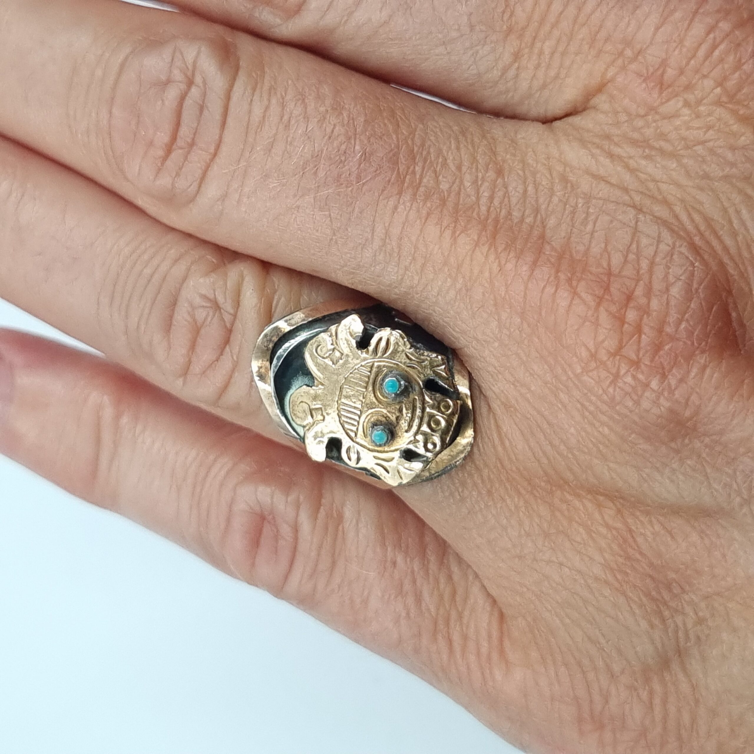 Gold & Silver Inca God Ring Peru c 1960s Adjustable Industria Peruana - Image 5
