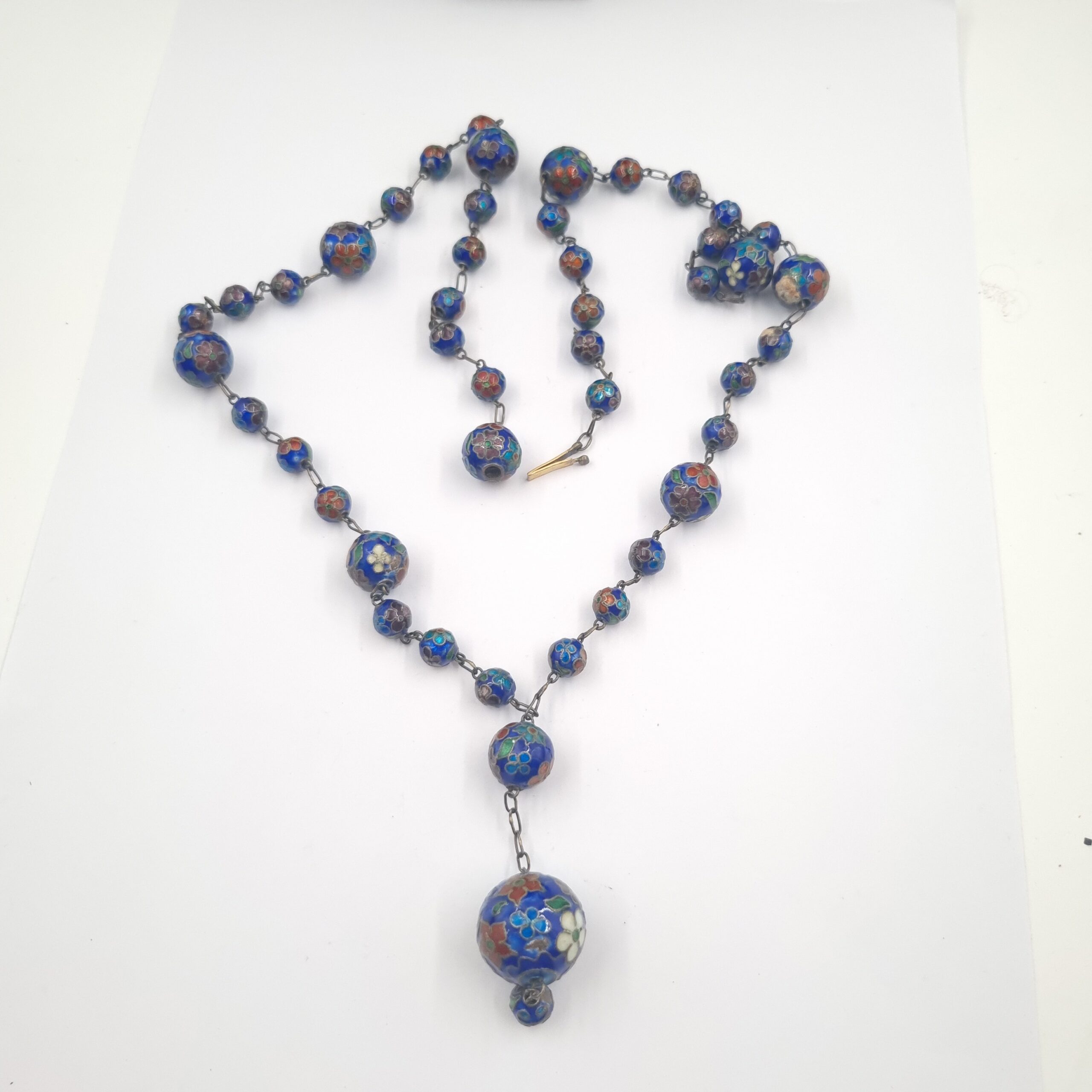 Chinese Export Cloisonné Necklace Y Drop Blue Beads - Image 2