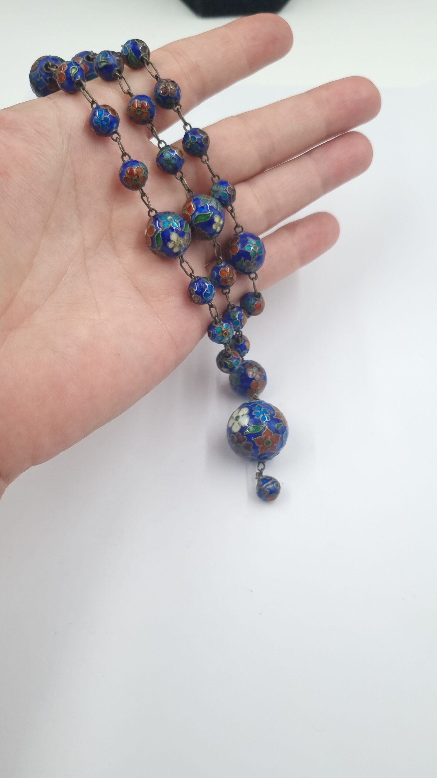 Chinese Export Cloisonné Necklace Y Drop Blue Beads - Image 3