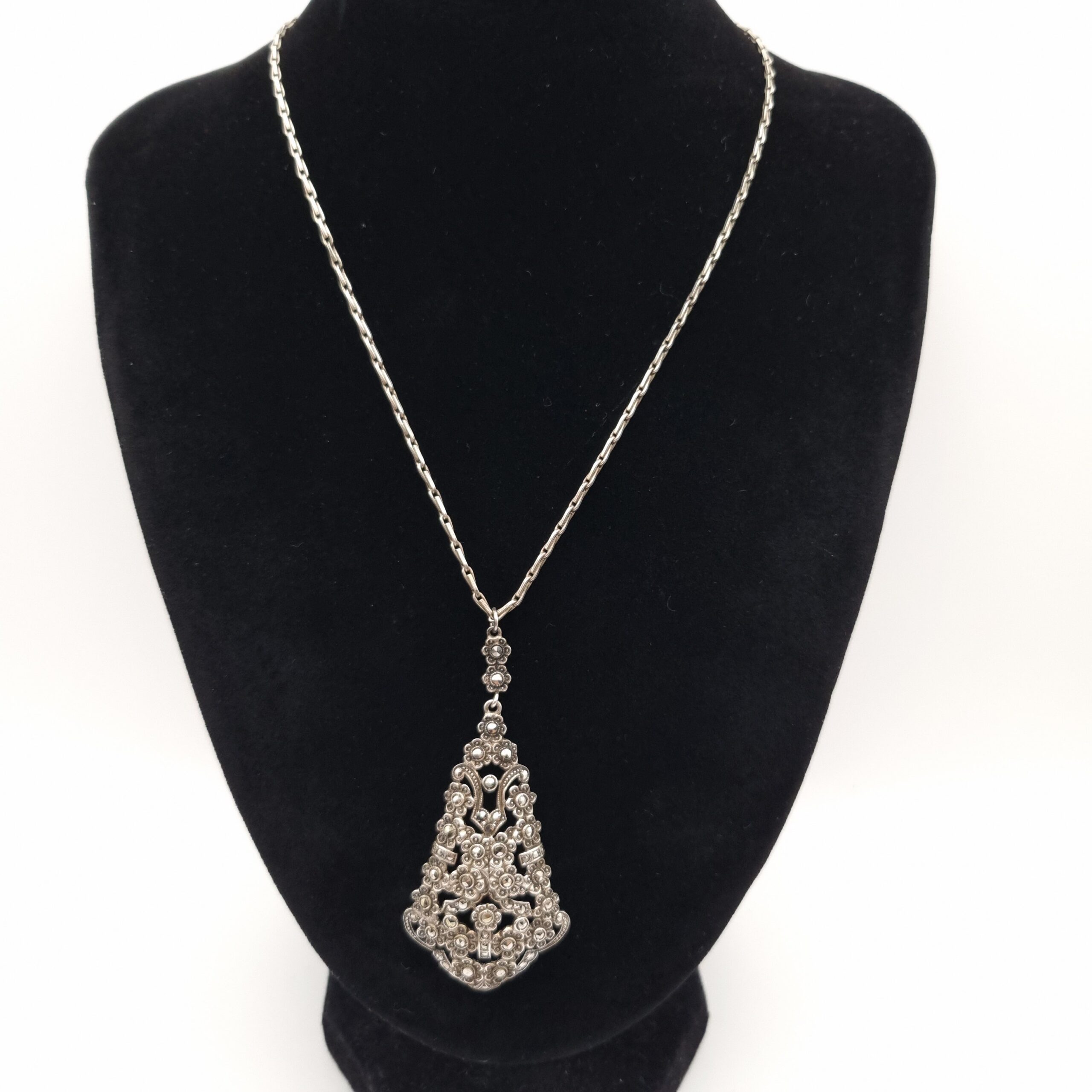Edwardian Silver Marcasite Pendant Necklace - Image 2