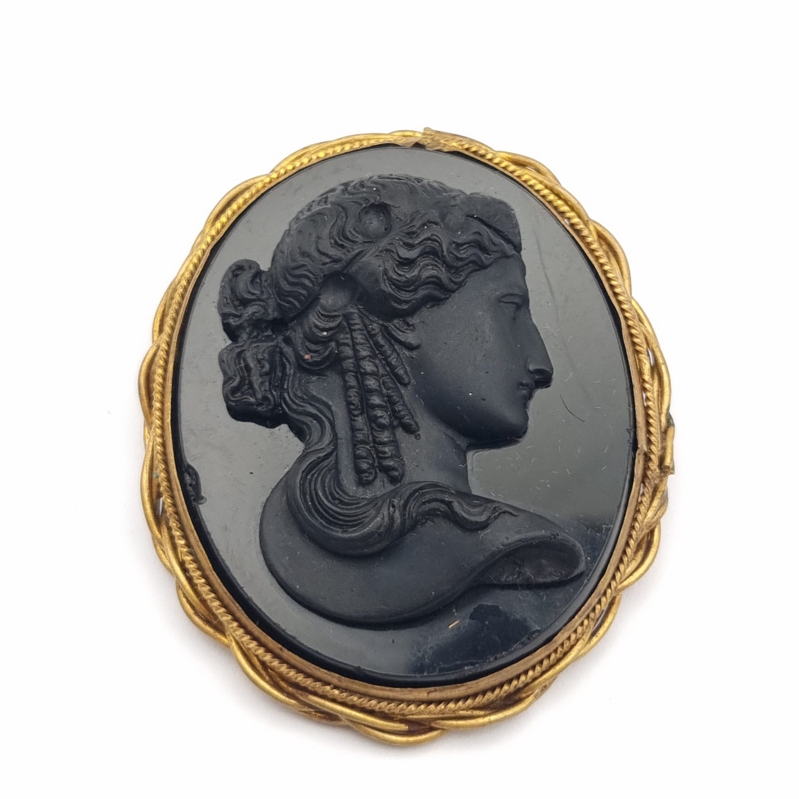 Victorian Black Paté de Verre Cameo Brooch Mourning Jewellery.