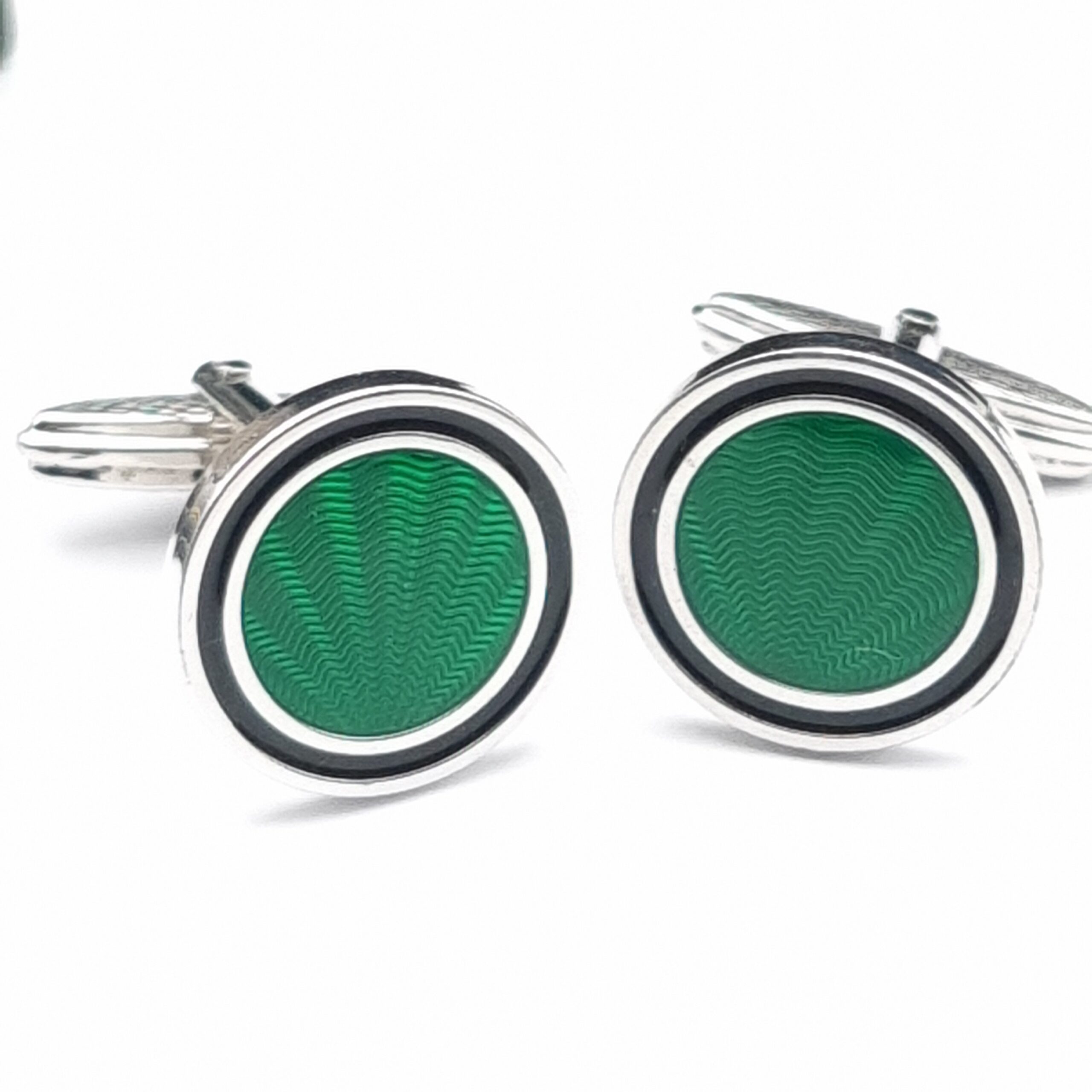 Dunhill Cufflinks Sterling Silver Guilloche Enamel Green Boxed - Image 2