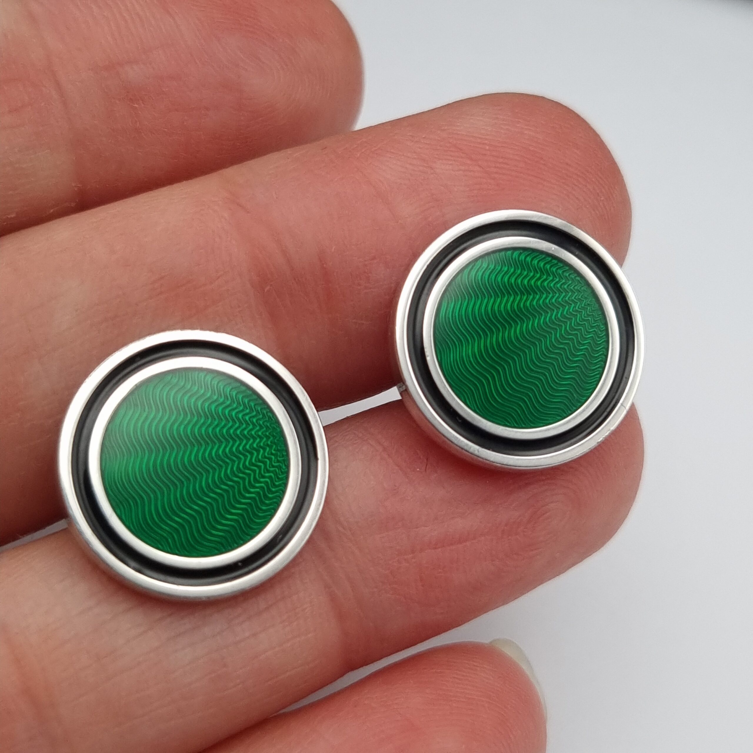 Dunhill Cufflinks Sterling Silver Guilloche Enamel Green Boxed - Image 4