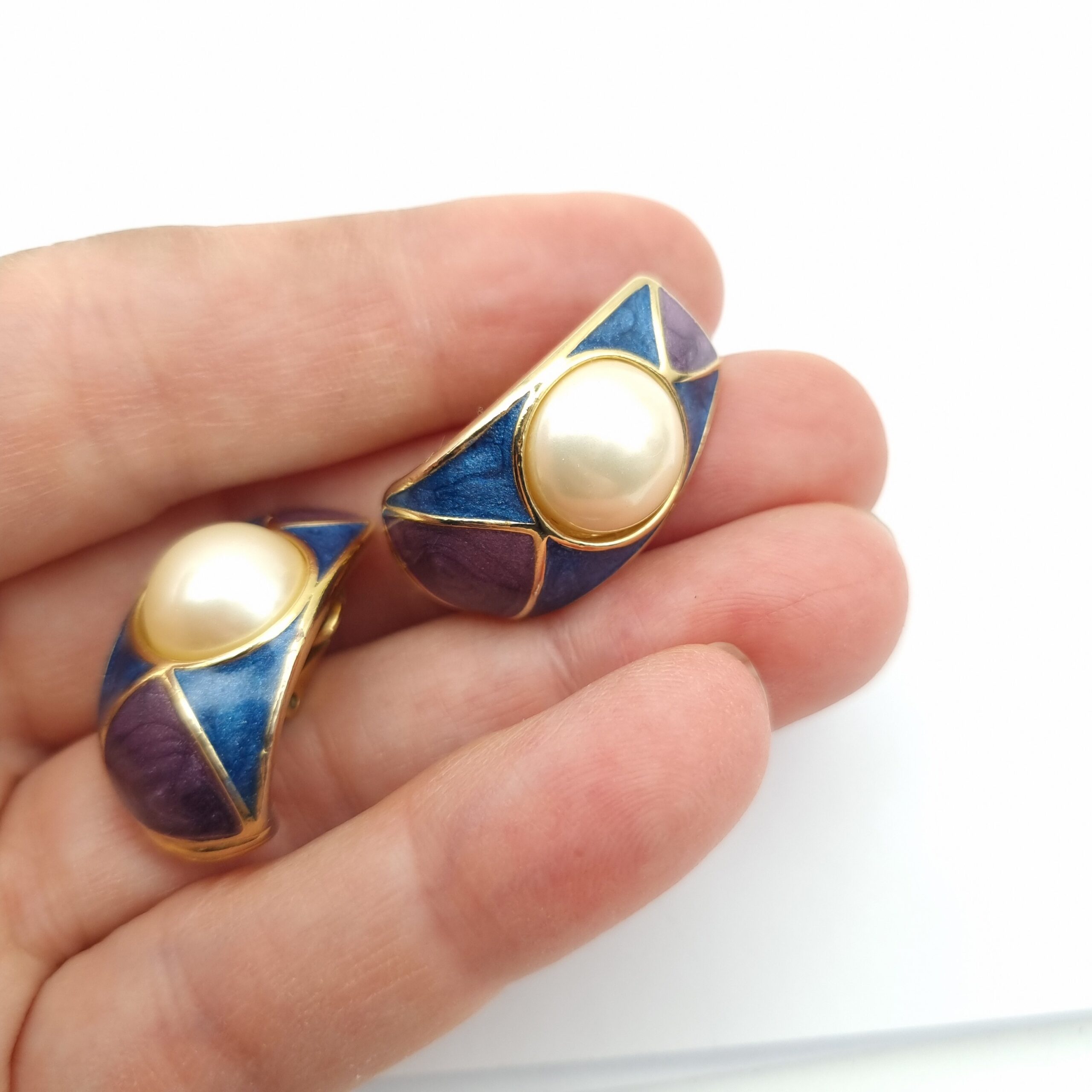 Crown Trifari Enamel Earrings Clip On c 1960s - Image 2
