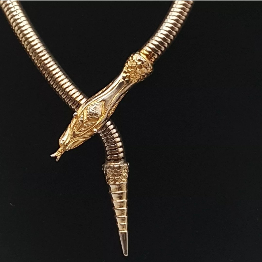 Vintage Articulated Snake Gas Pipe Necklace Signed C1950s Serpent Biting - Image 2