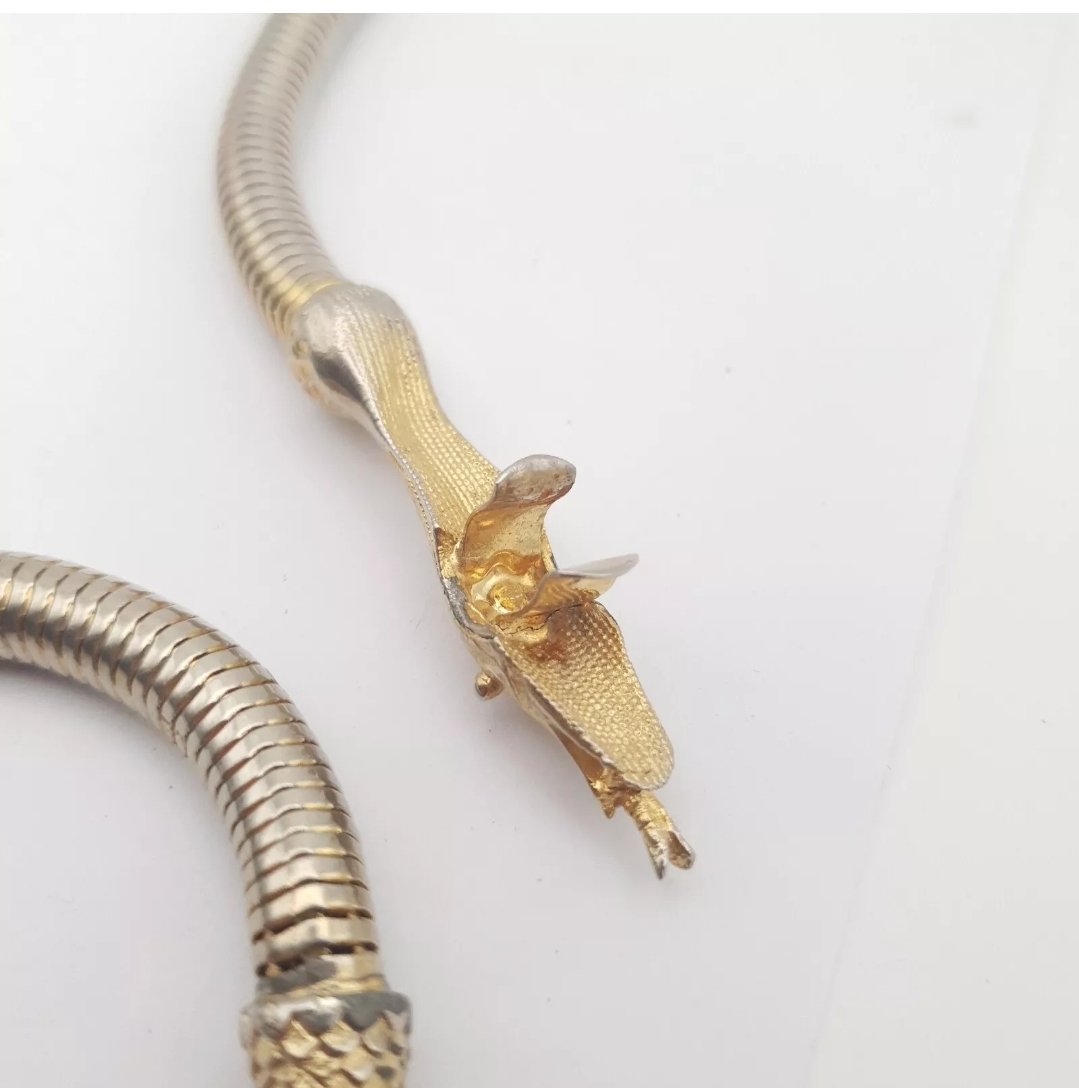 Vintage Articulated Snake Gas Pipe Necklace Signed C1950s Serpent Biting - Image 5