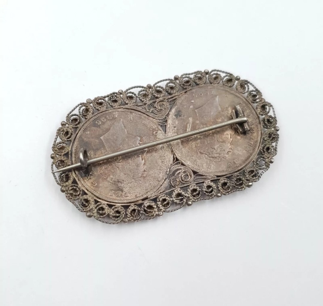 Double Georgian Coin Brooch George IV Shilling 1825 1826 Cannetille Filigree - Image 3
